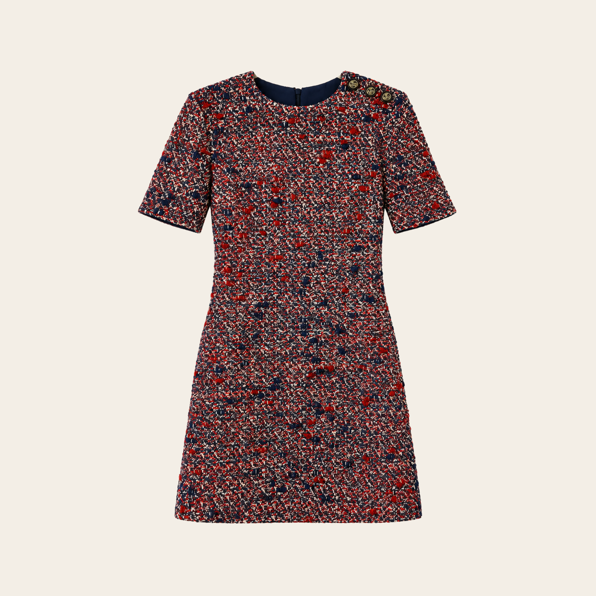 GUCCI — Robe courte en bouclé de laine rouge, bleu marine et écru, Taille 40 IT