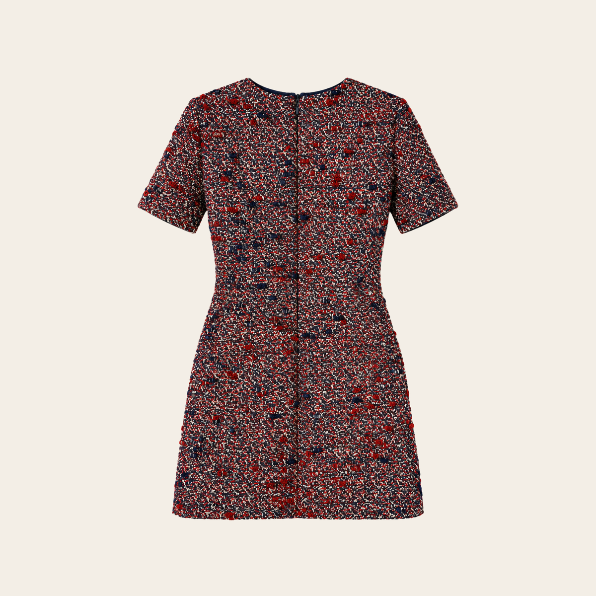 GUCCI — Robe courte en bouclé de laine rouge, bleu marine et écru, Taille 40 IT