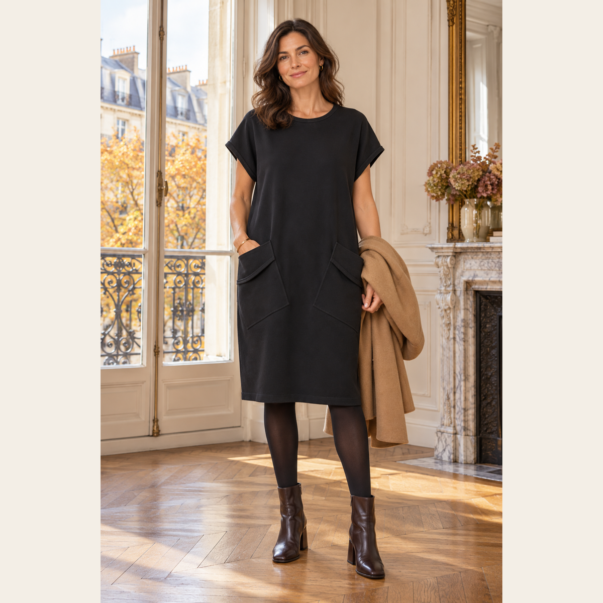 MARIE SAINT PIERRE – Robe tunique noire à poches plaquées structurées – Taille 1 , S