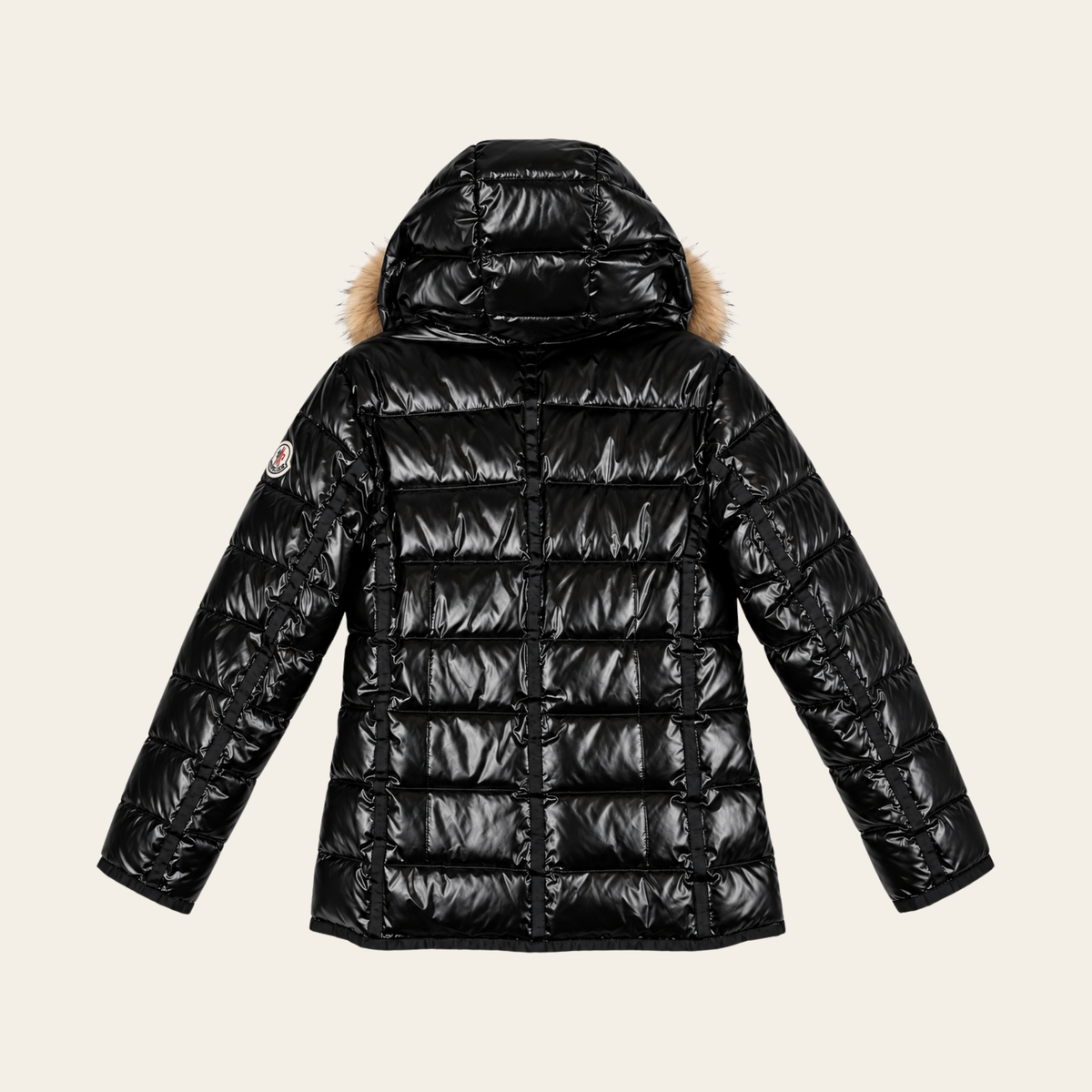 MONCLER — Doudoune noire brillante à capuche bordée de fourrure, Taille 1