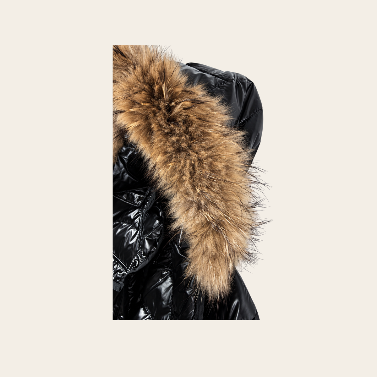 MONCLER — Doudoune noire brillante à capuche bordée de fourrure, Taille 1