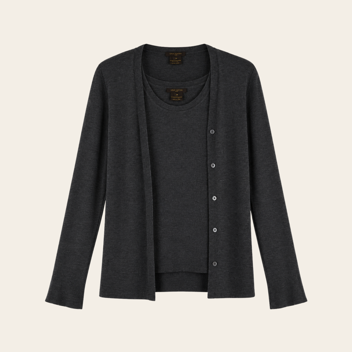 LOUIS VUITTON — Ensemble cardigan et top en cachemire & soie gris anthracite, Tailles L / S  Circa années 2000