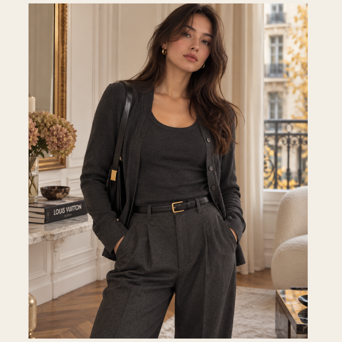 LOUIS VUITTON — Ensemble cardigan et top en cachemire & soie gris anthracite, Tailles L / S  Circa années 2000