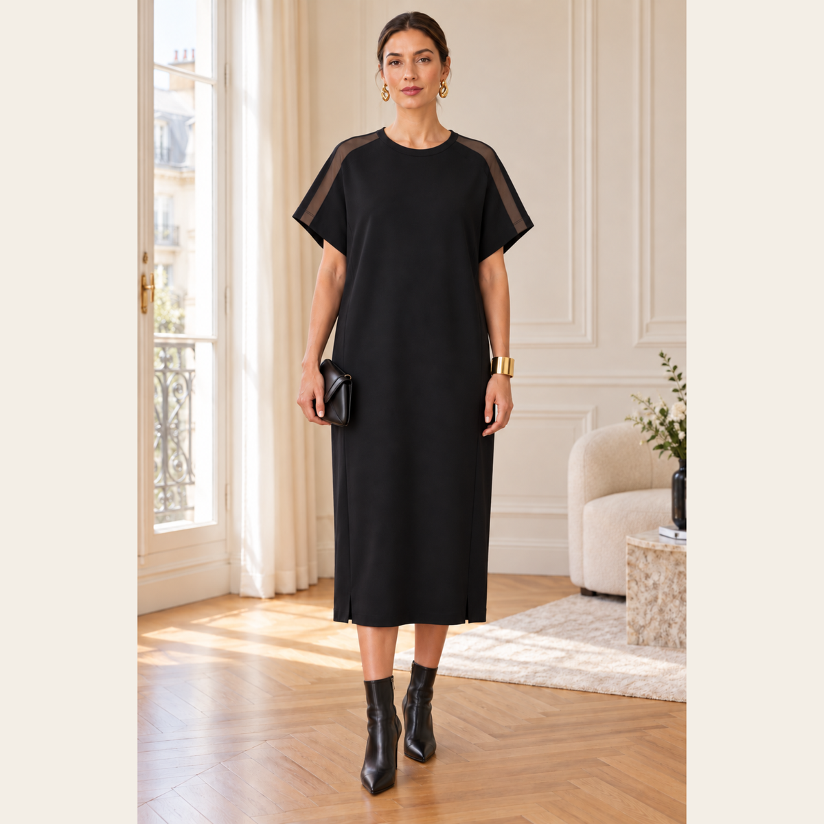 MARIE SAINT PIERRE — Robe midi noire à empiècements en tulle, L