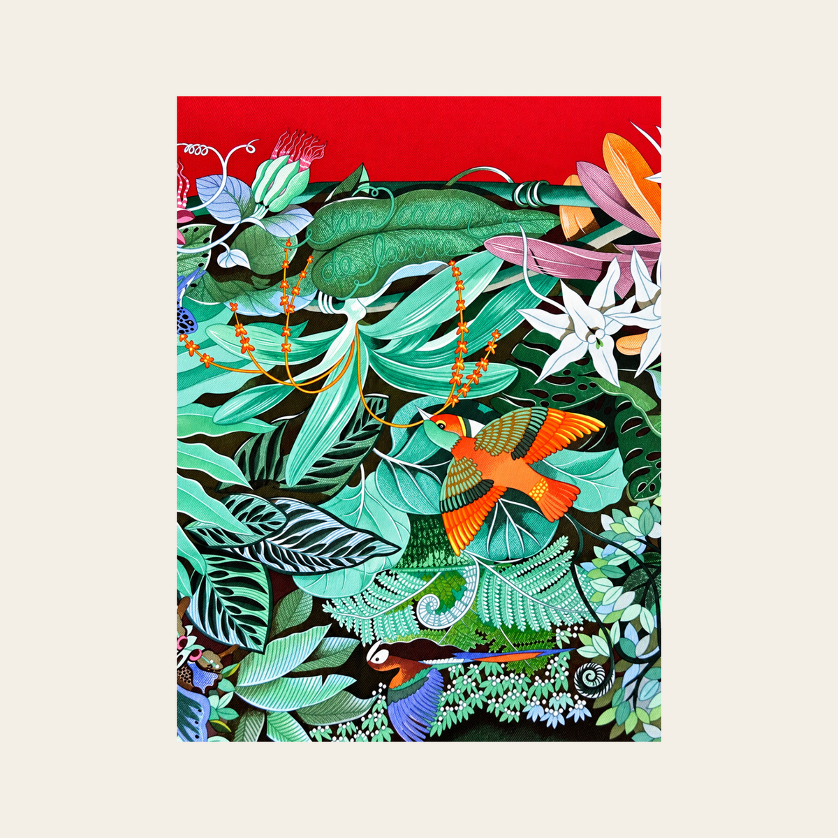 HERMÈS — Rare Carré 90 « Au Cœur de la Vie » par Aline Honoré en soie rouge & multicolore