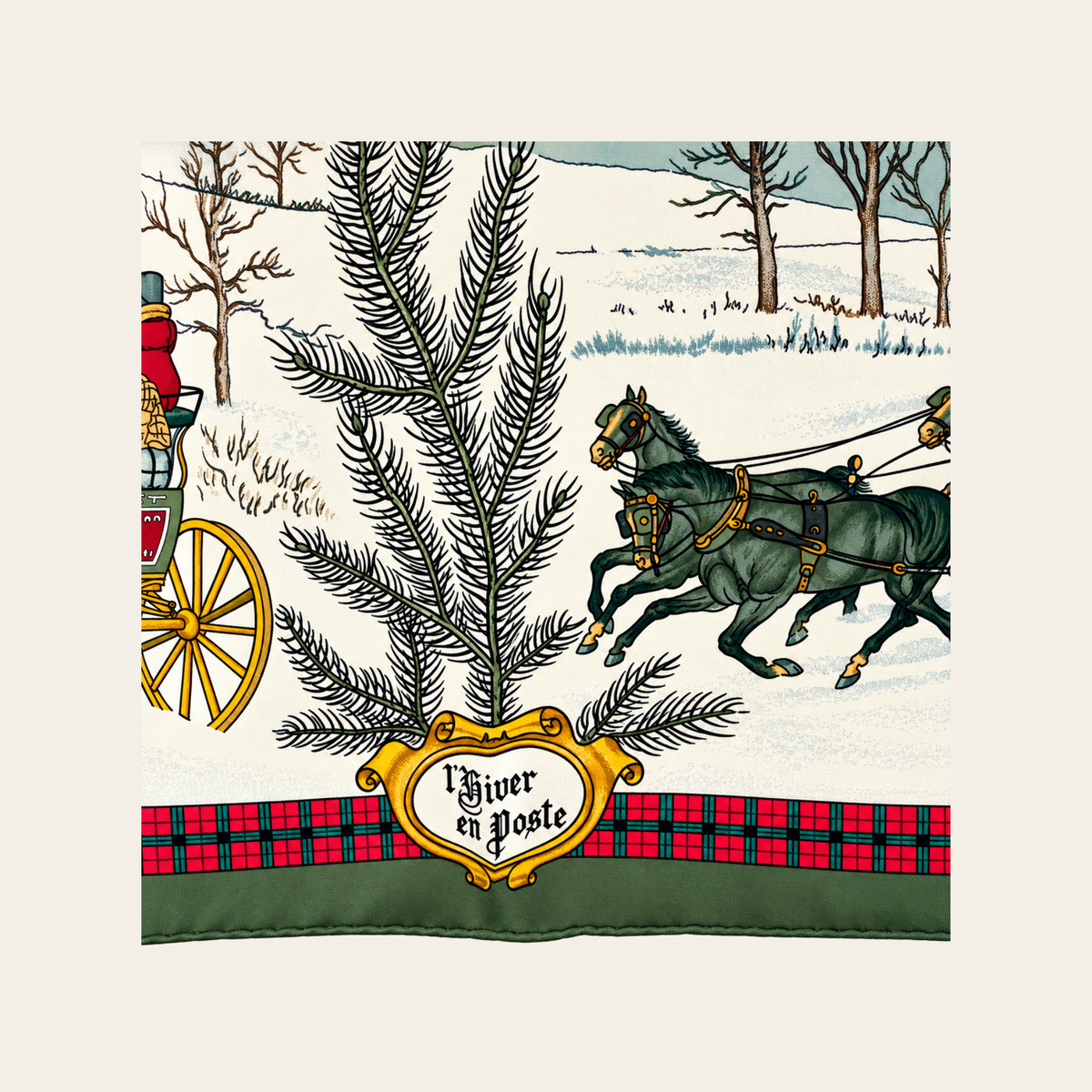 HERMÈS — Carré 90 « L’Hiver en Poste » par Philippe Ledoux en soie vert olive & multicolore