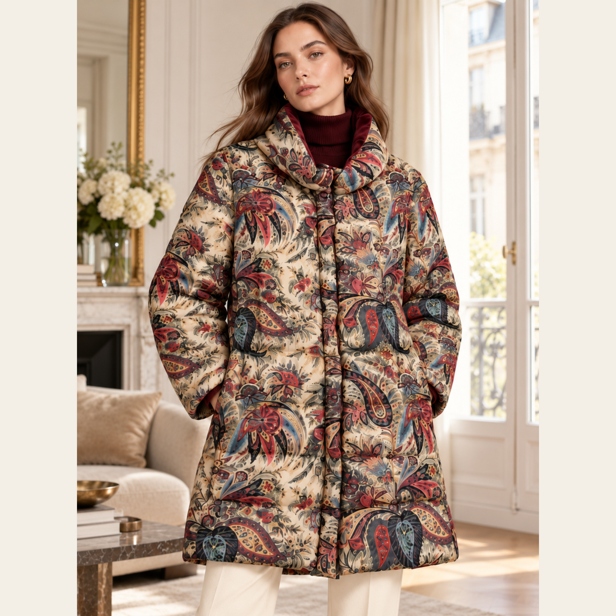 ETRO — Manteau matelassé en duvet à imprimé Paisley multicolore et col en velours bordeaux, taille 46 IT (L)