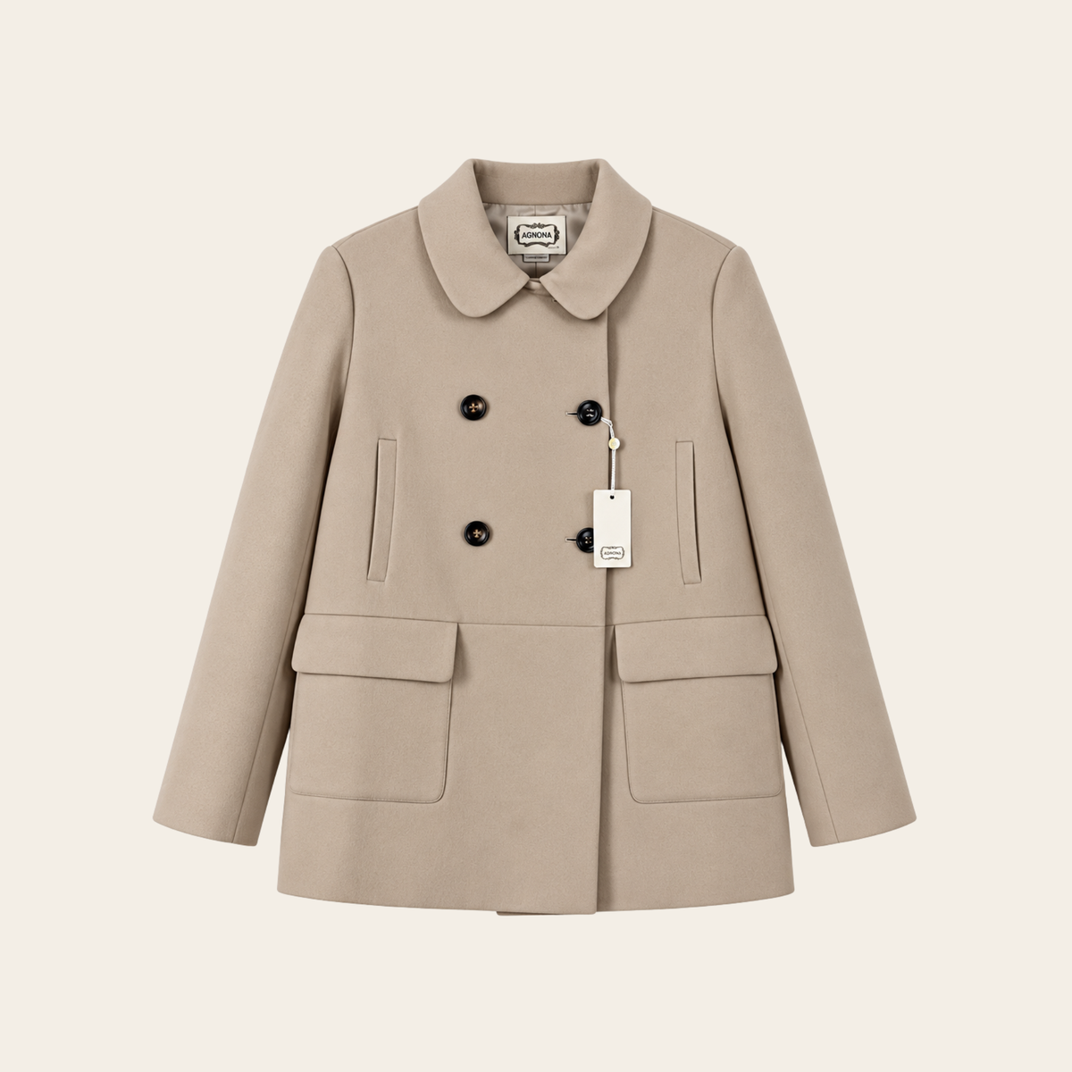 AGNONA — Manteau court à double boutonnage en laine et cachemire beige, taille 42 IT (M)