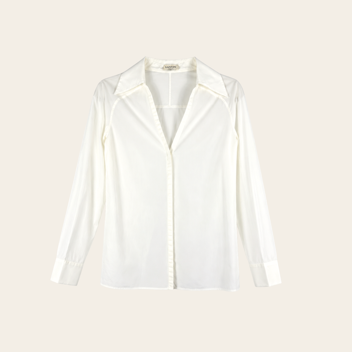 LANVIN — Chemisier blanc à col ouvert et manches longues, taille 38 FR (S)