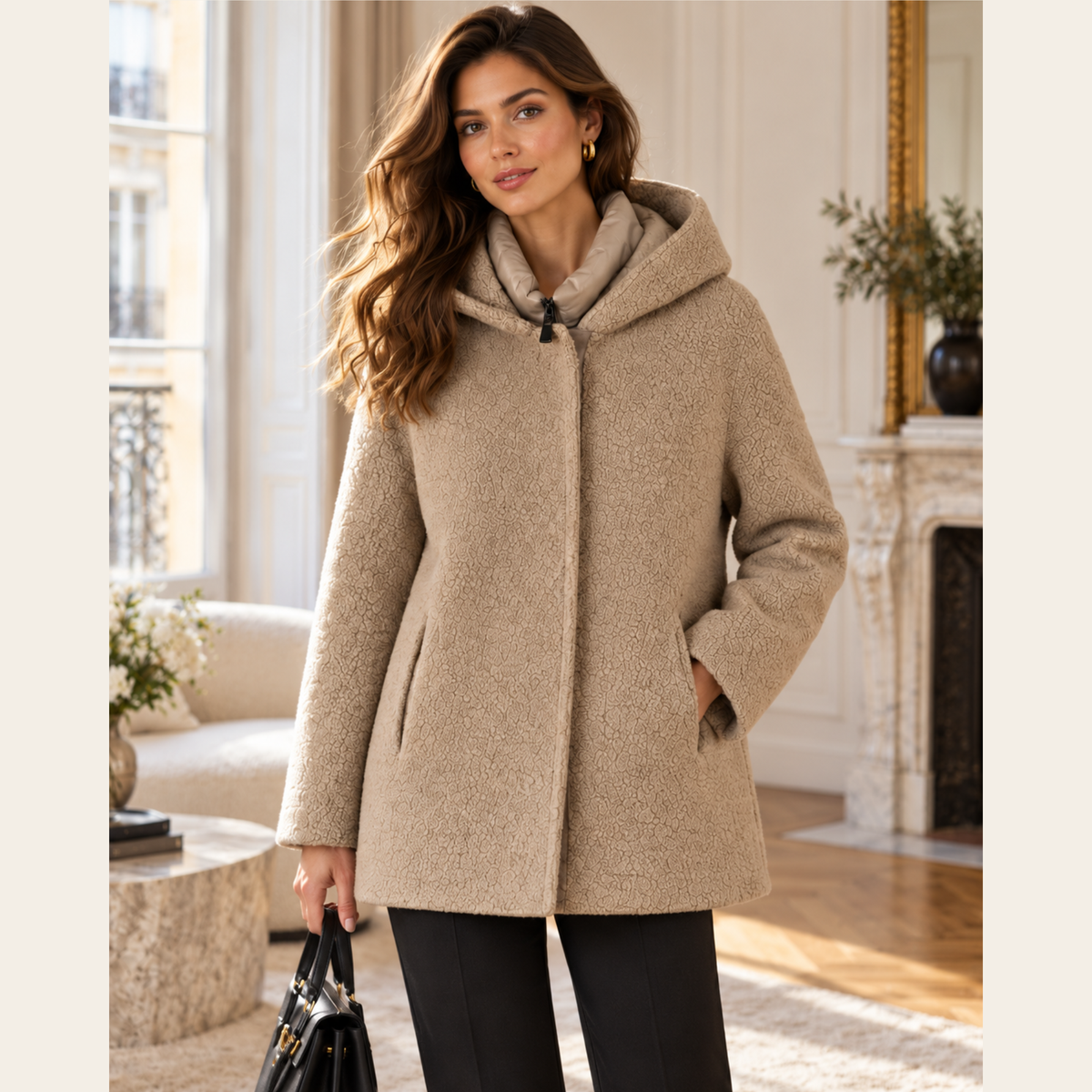 CINZIA ROCCA ICONS — Manteau court à capuche en laine bouclée beige avec plastron matelassé amovible, taille 42 IT (M / FR 38 / US 6)