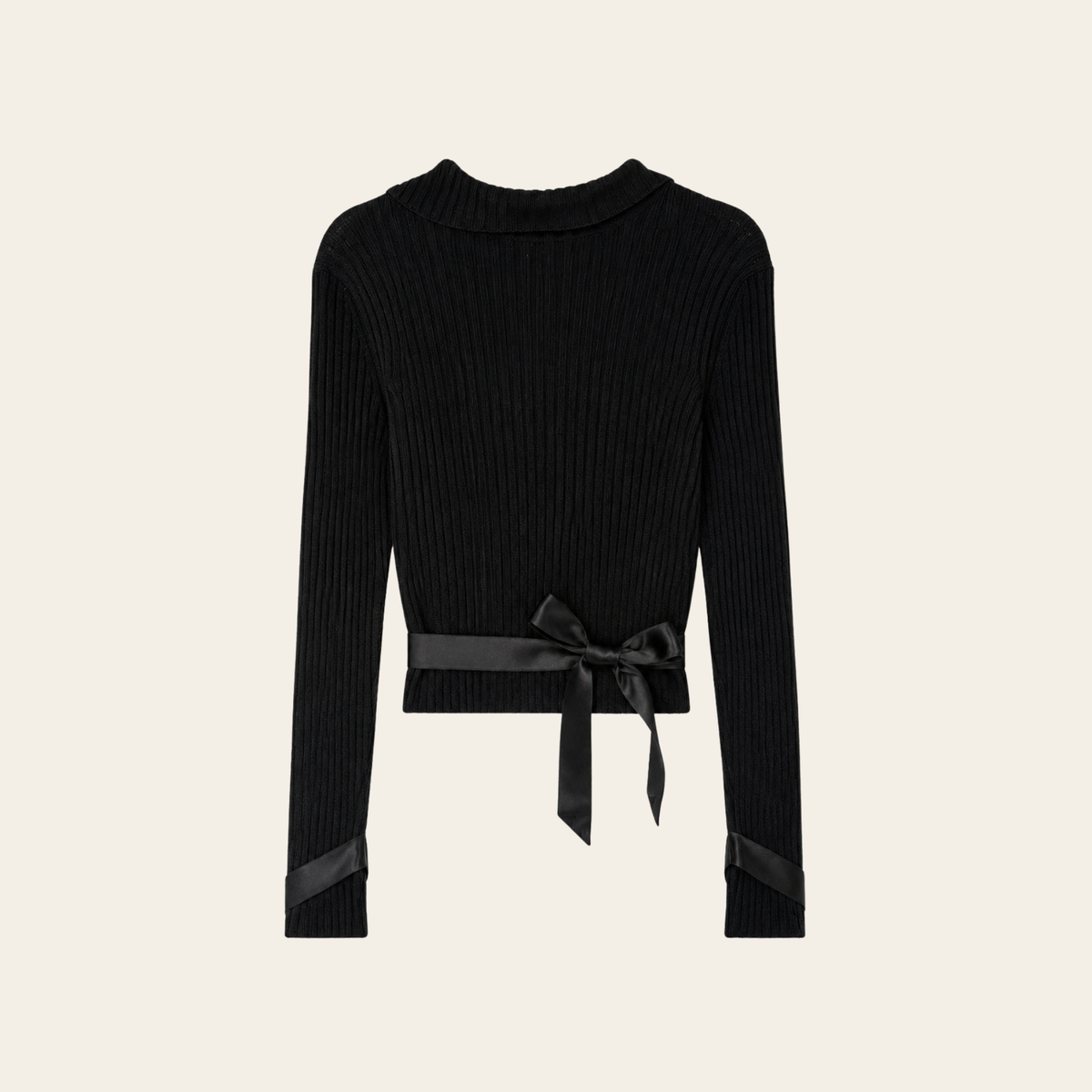 CHANEL 02A – Pull Col Roulé Côtelé en Laine avec Rubans Satinés & Boutons Bijoux, Taille 40
