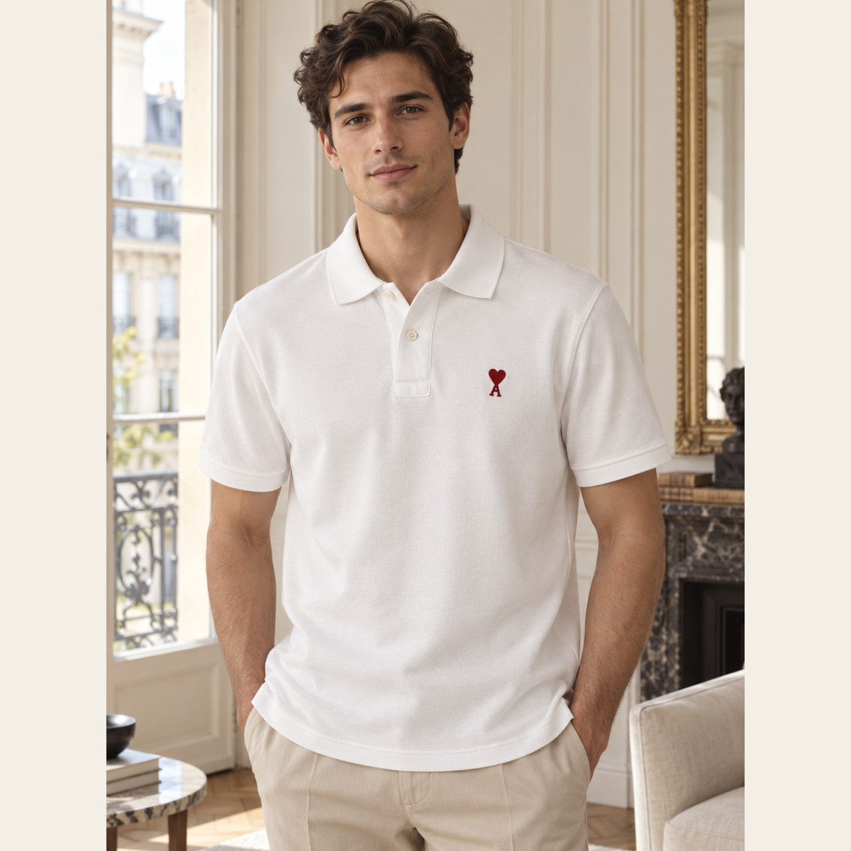 AMI PARIS – Polo Ami de Cœur blanc en coton biologique à logo rouge