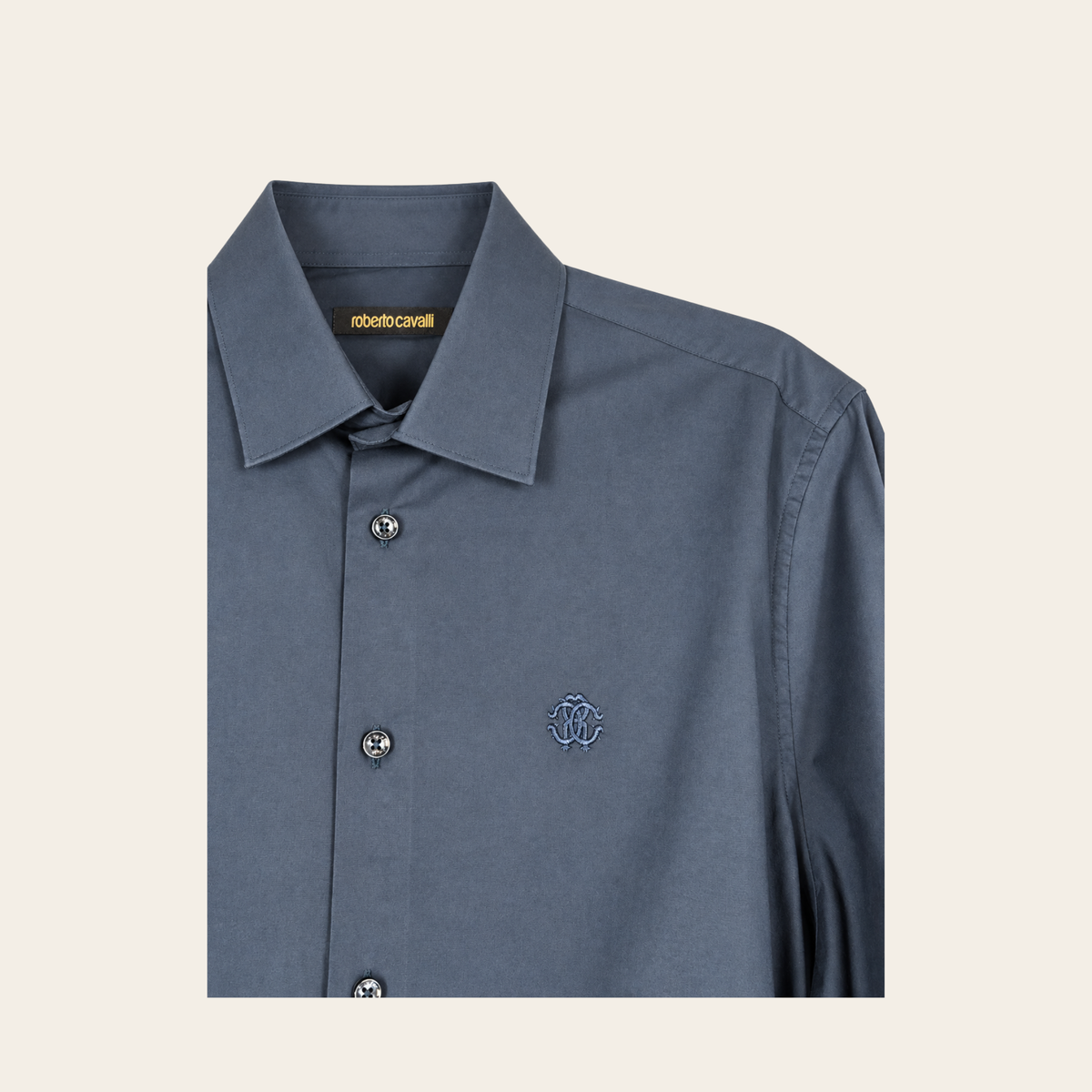ROBERTO CAVALLI – Chemise homme en coton extensible bleu ardoise à monogramme brodé, L