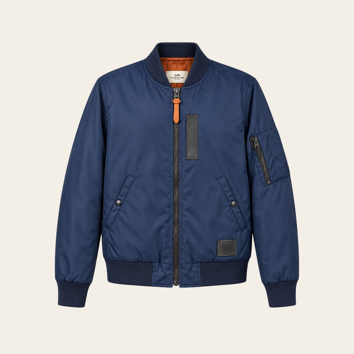Coach – Blouson aviateur MA-1 en nylon bleu marine et cuir, M