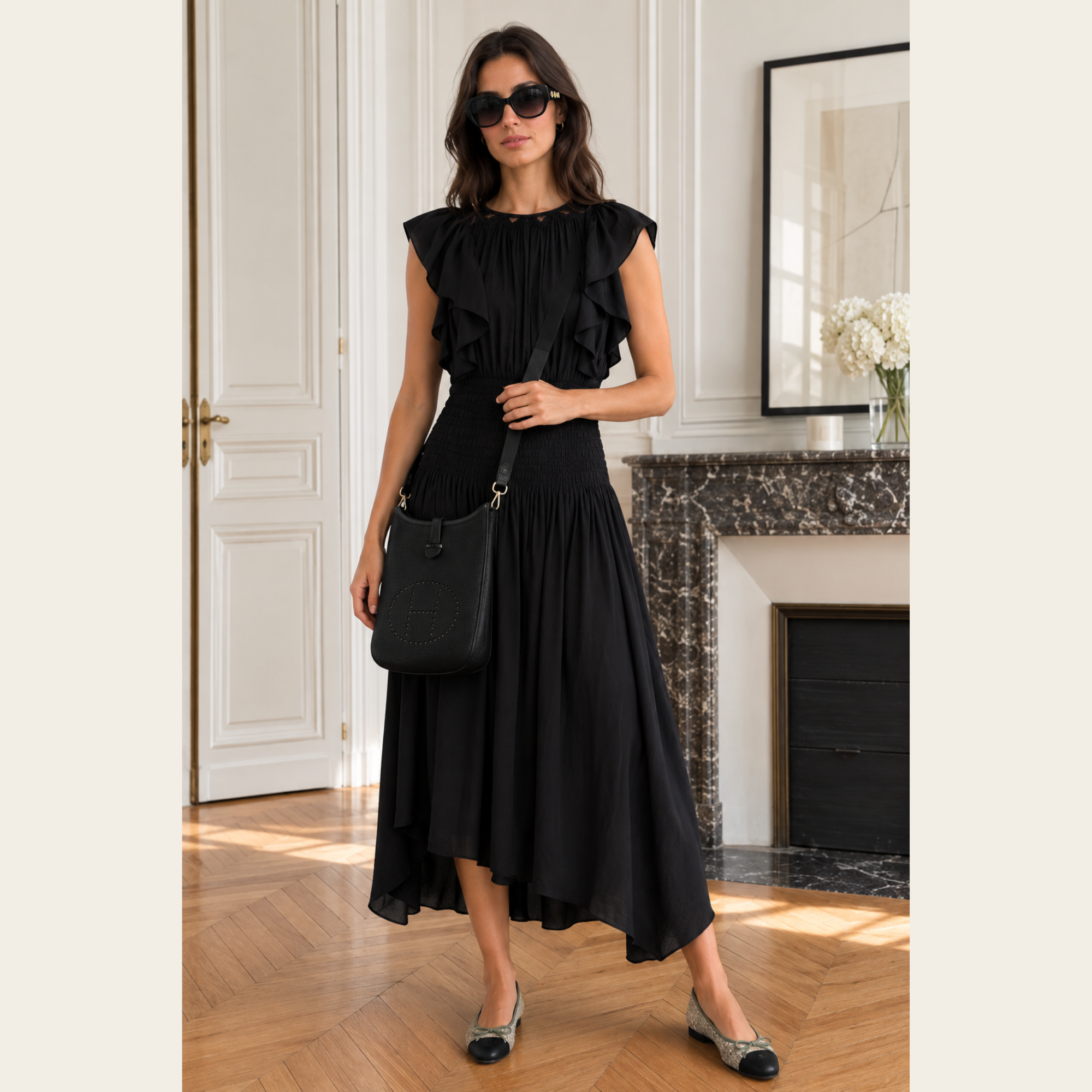 Ramy Brook – Robe Noire Plissée à Volants, S