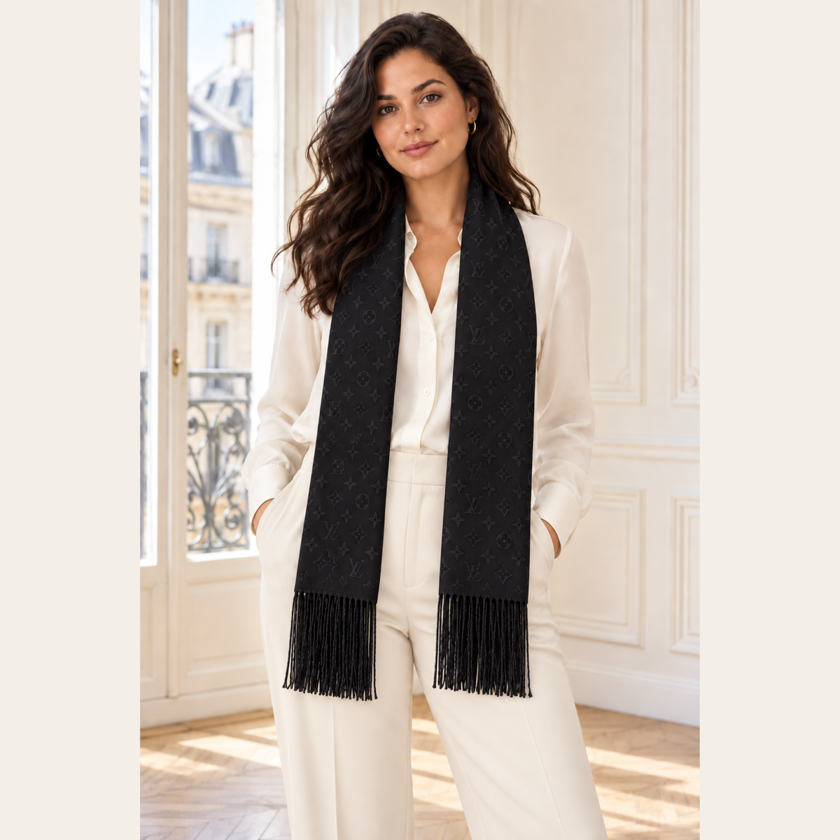 LOUIS VUITTON — Châle Monogram classique noir à franges
