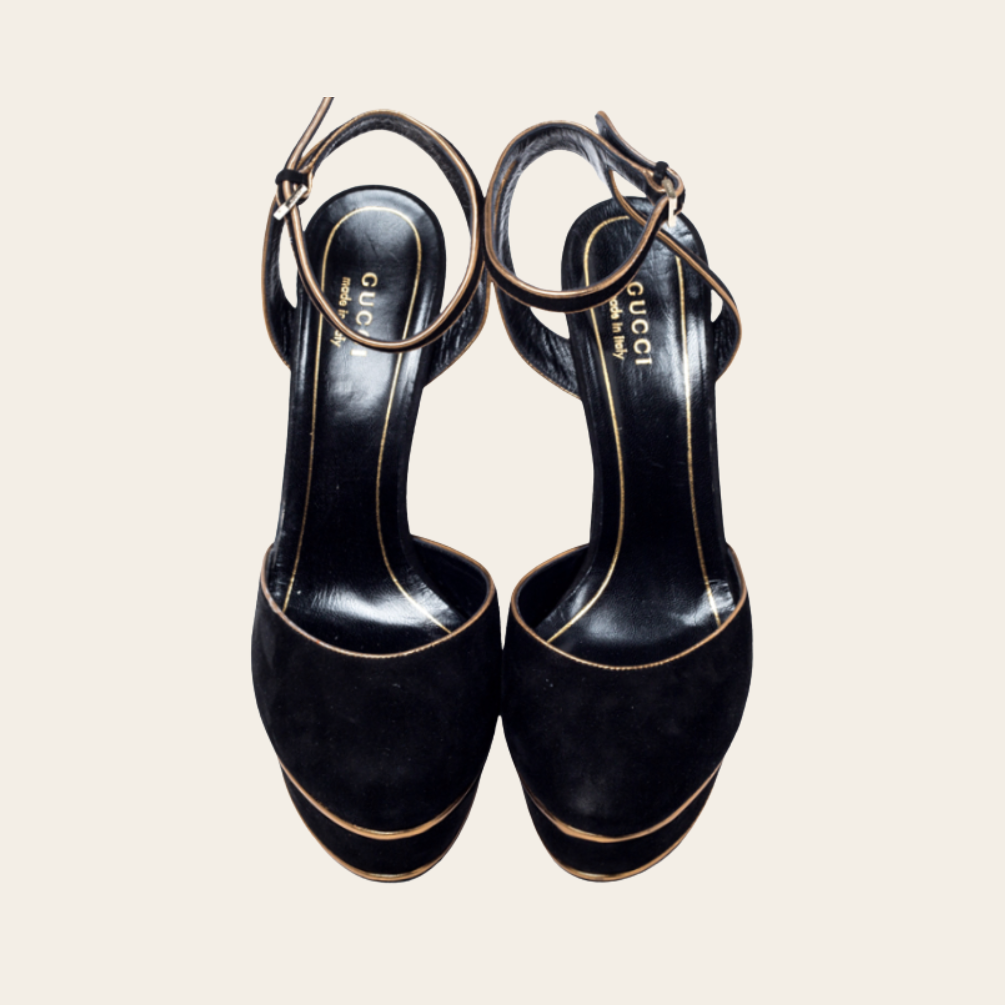 GUCCI – Escarpins à Bride Arrière en Suède Noir à Finitions Dorées, Taille 37,5