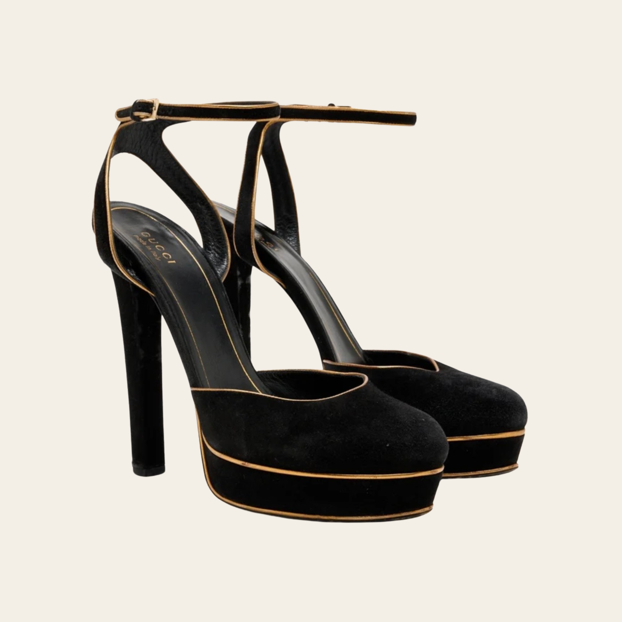GUCCI – Escarpins à Bride Arrière en Suède Noir à Finitions Dorées, Taille 37,5