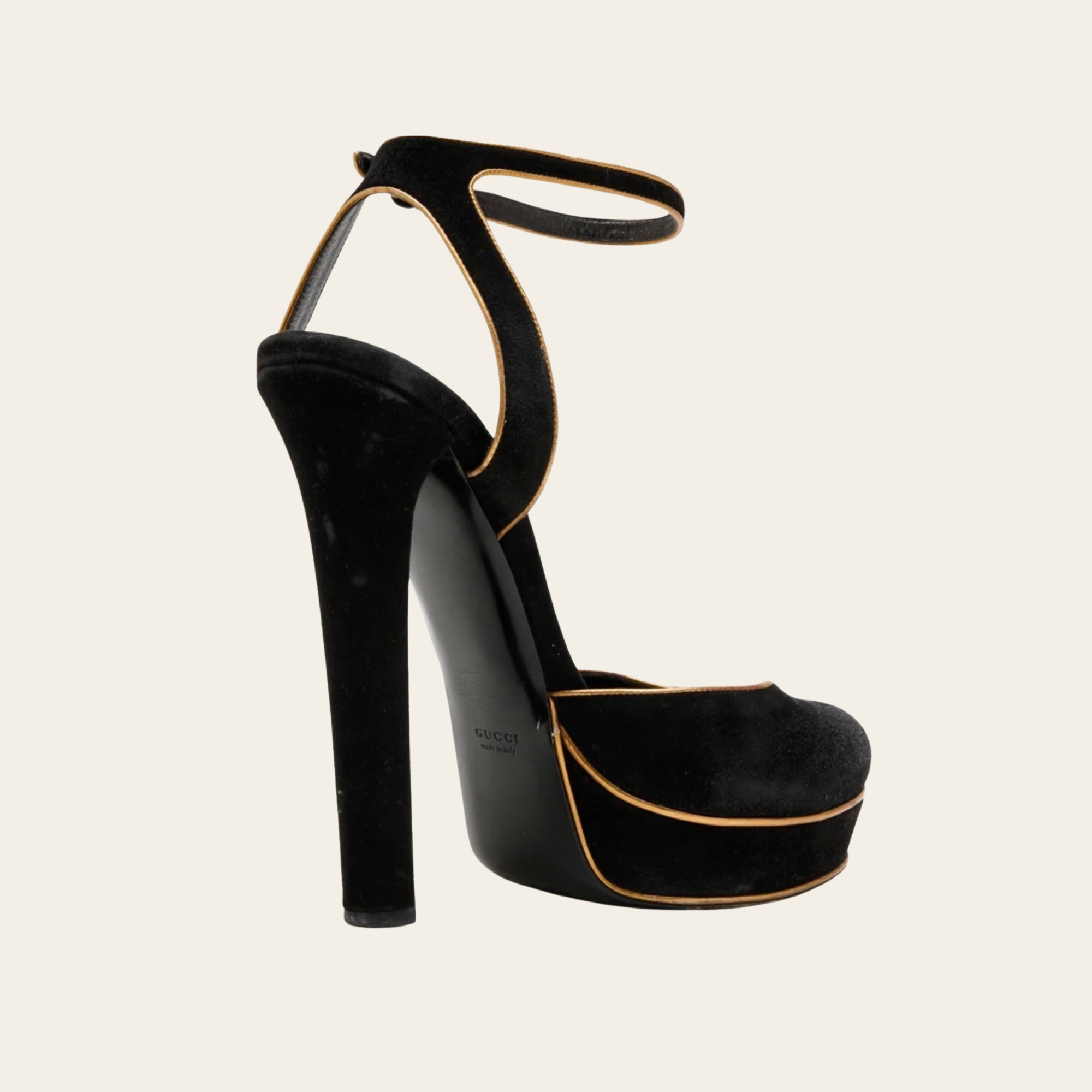 GUCCI – Escarpins à Bride Arrière en Suède Noir à Finitions Dorées, Taille 37,5