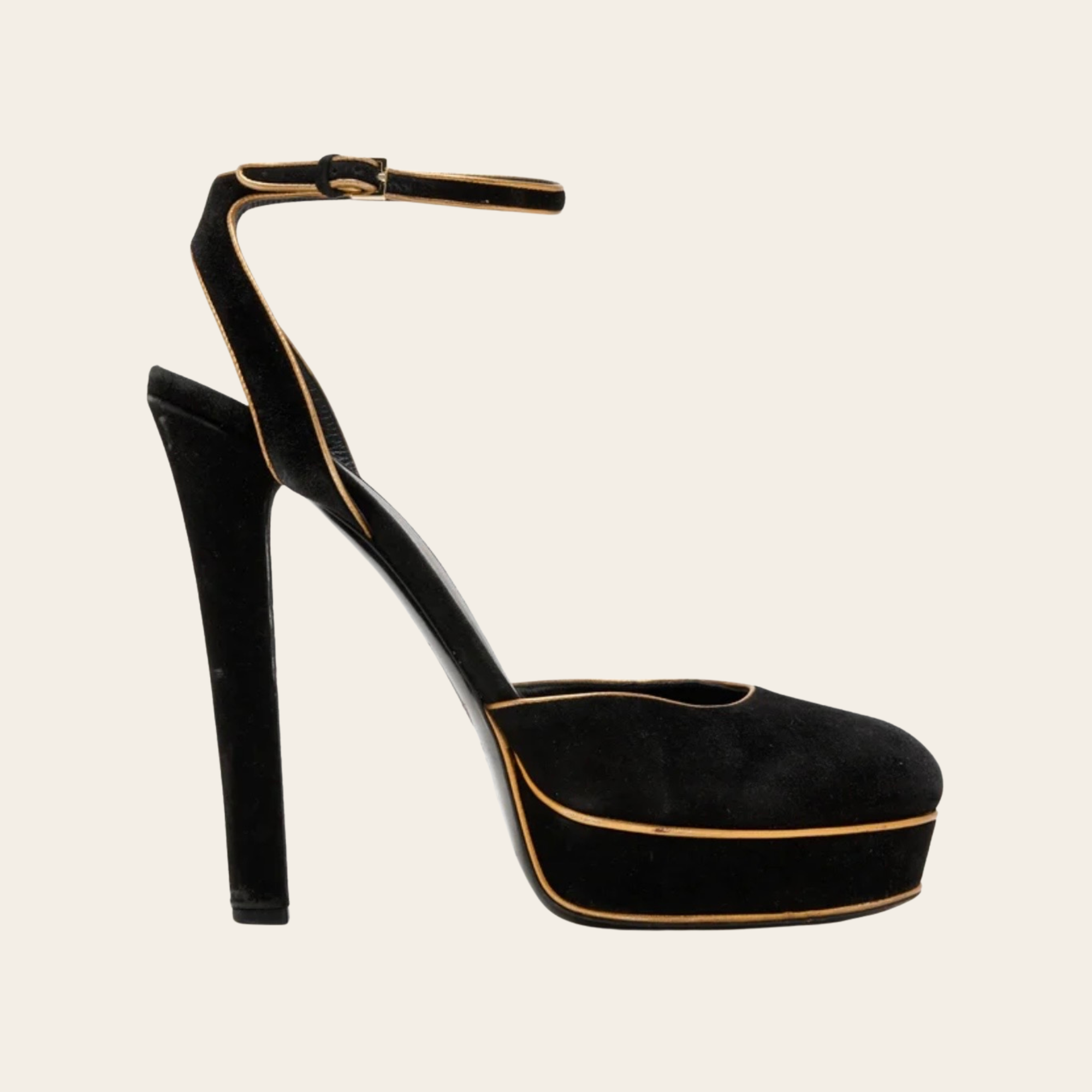 GUCCI – Escarpins à Bride Arrière en Suède Noir à Finitions Dorées, Taille 37,5