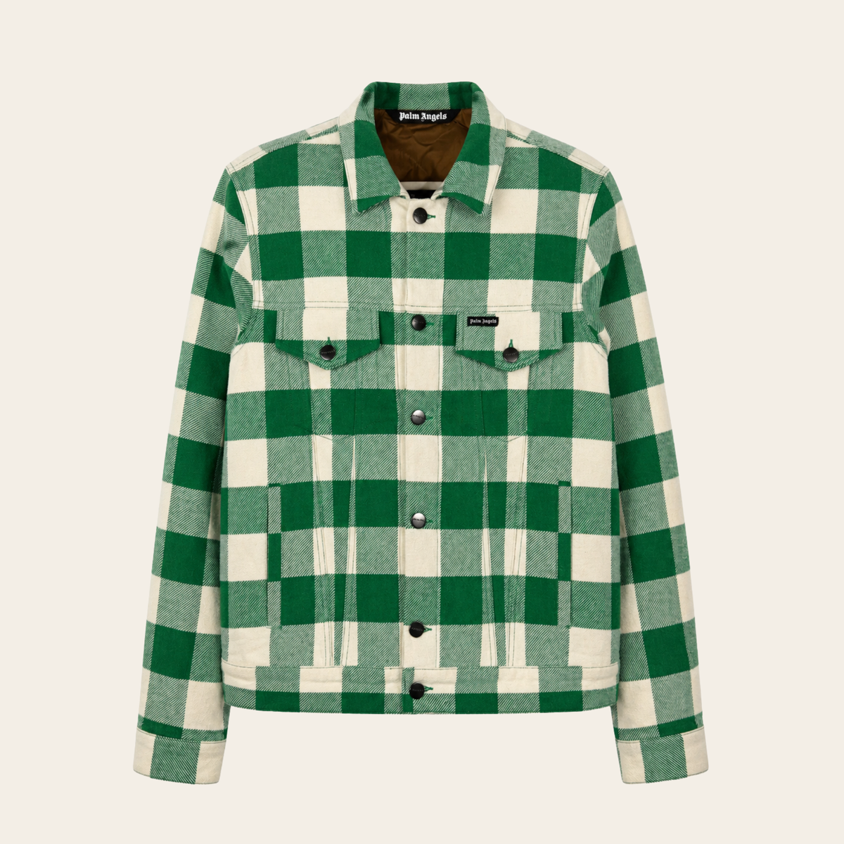 PALM ANGELS – Veste matelassée Curved Logo Check Trucker – Verte et écrue – Taille S