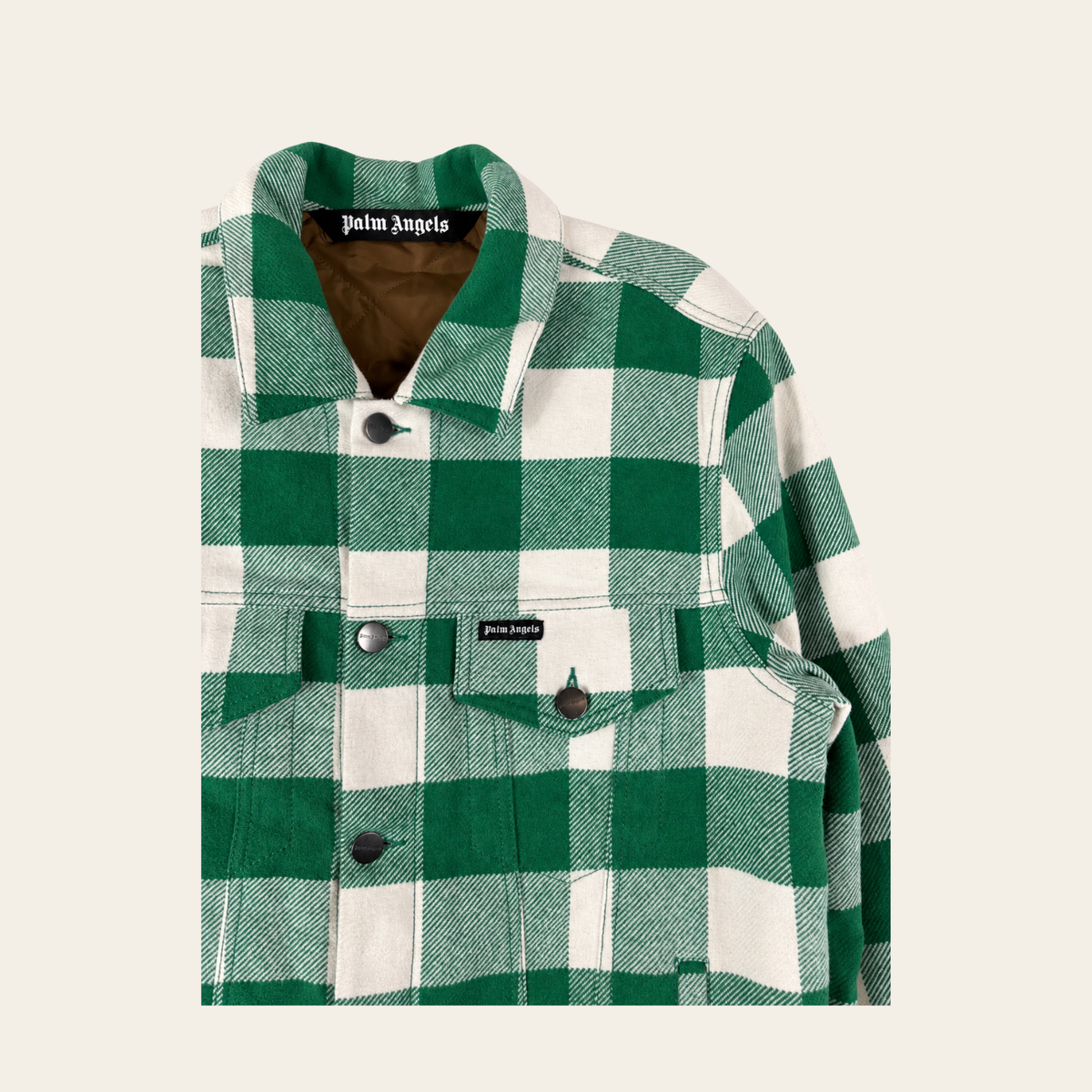 PALM ANGELS – Veste matelassée Curved Logo Check Trucker – Verte et écrue – Taille S