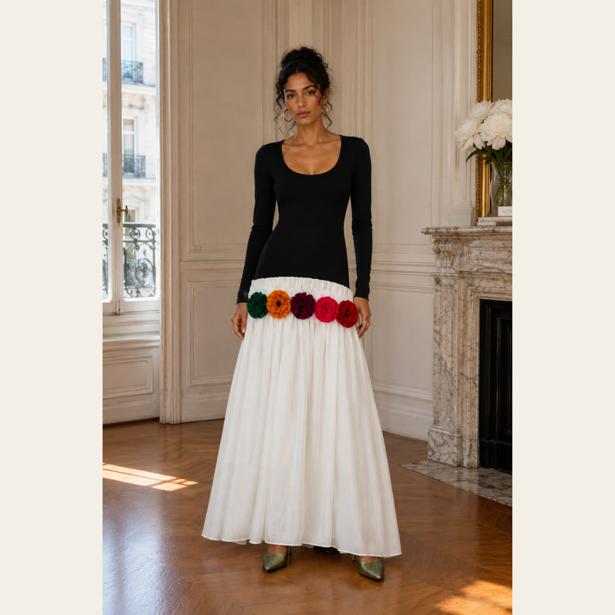 STEPHAN CARAS – Robe Cocktail Taille Basse à Appliqués Floraux Multicolores