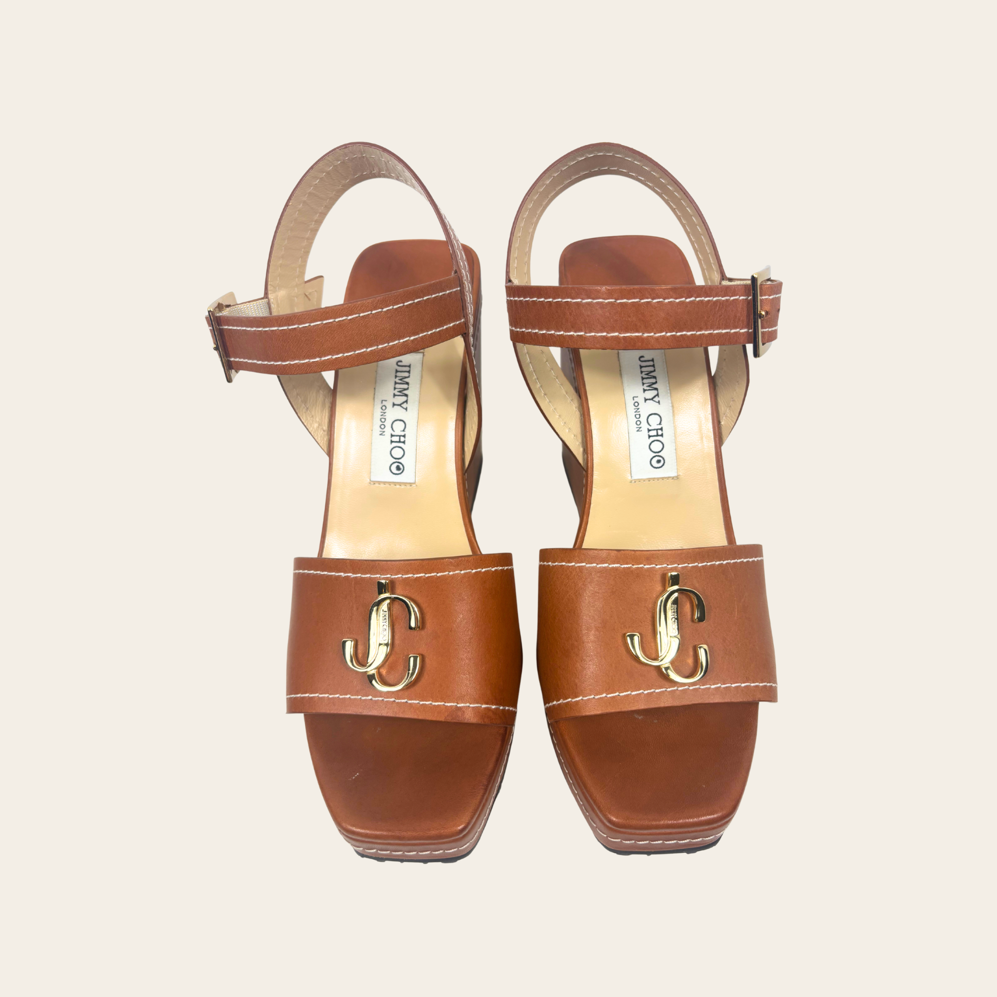 Jimmy Choo – Sandales Compensées en Cuir Cognac « JC Monogram », Taille 38
