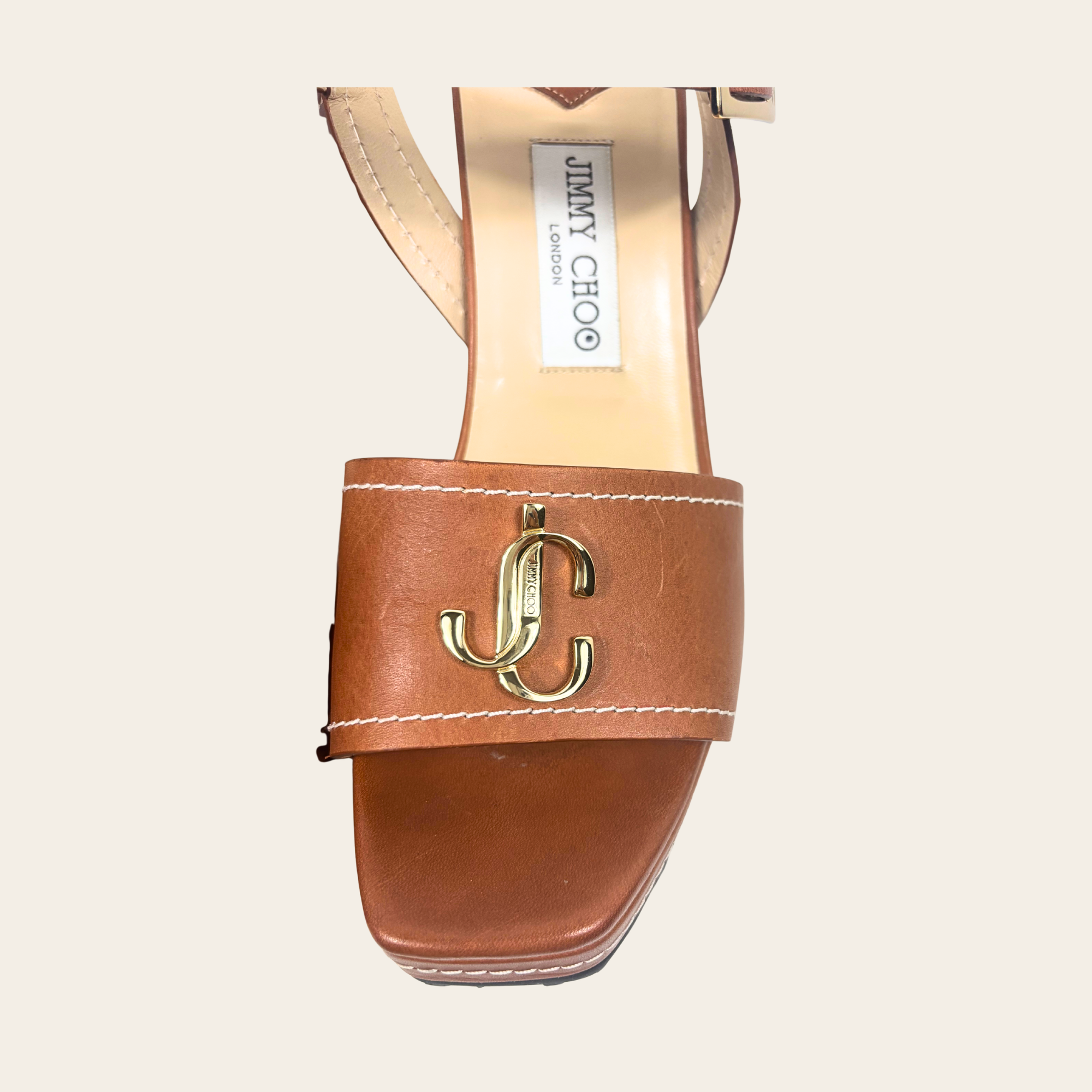 Jimmy Choo – Sandales Compensées en Cuir Cognac « JC Monogram », Taille 38