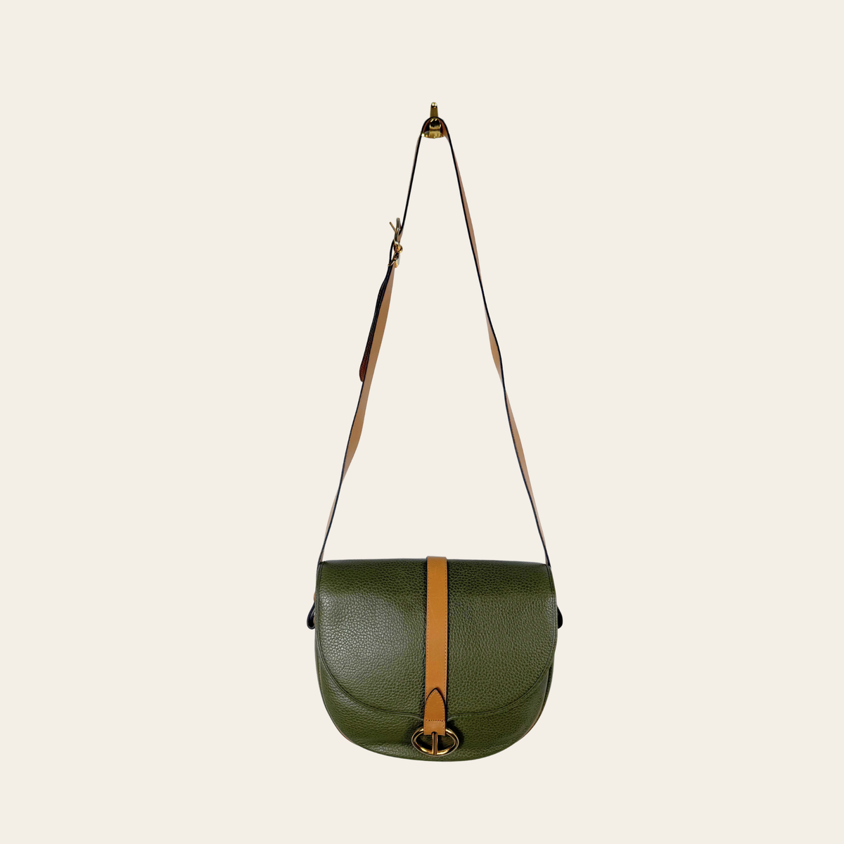 CHRISTIAN DIOR VINTAGE – Sac bandoulière équestre en cuir grainé bicolore – Vert olive & camel