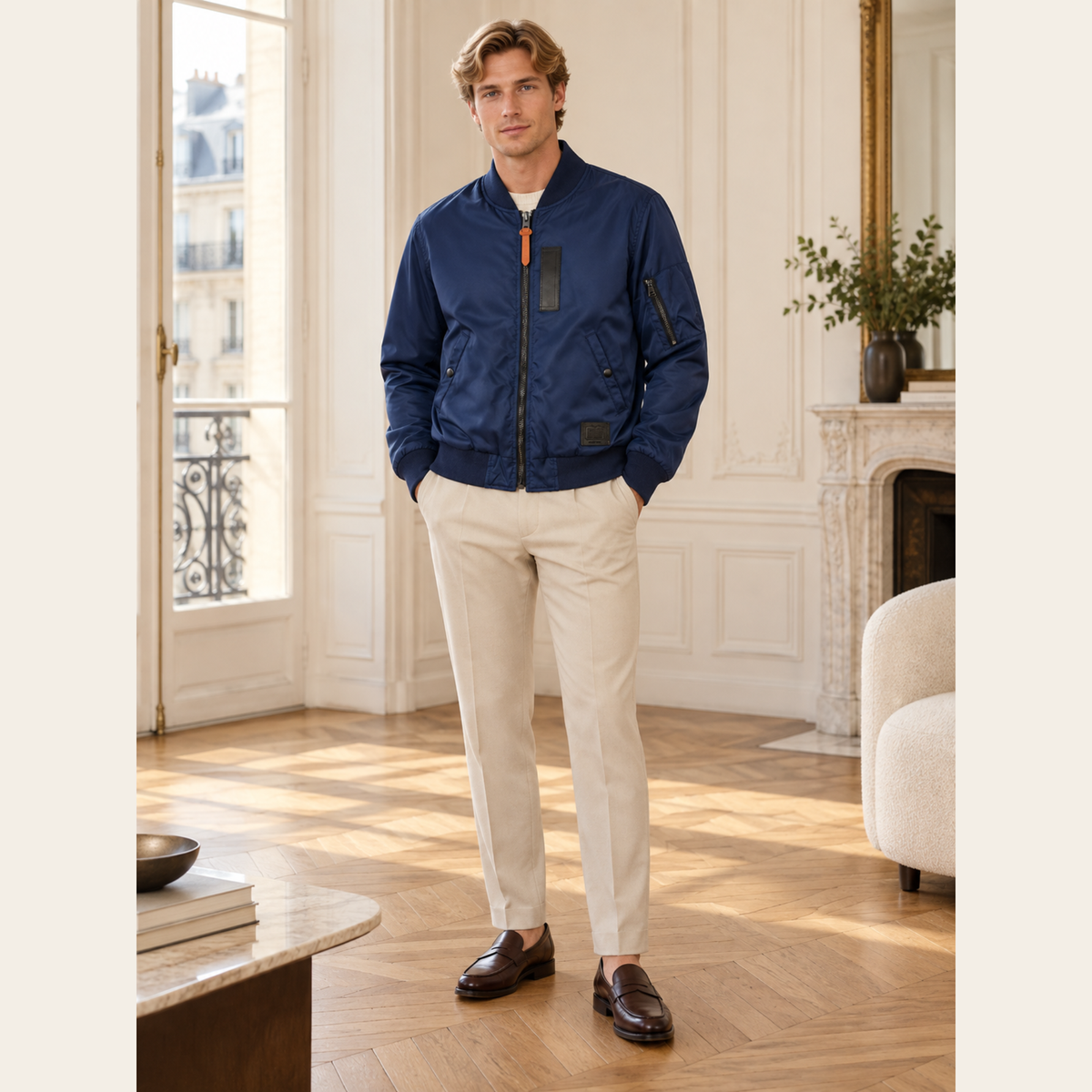 Coach – Blouson aviateur MA-1 en nylon bleu marine et cuir, M