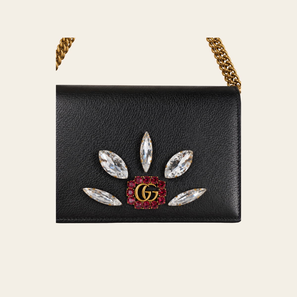 GUCCI — Broadway Crystal-Embellished Wallet on Chain en cuir noir