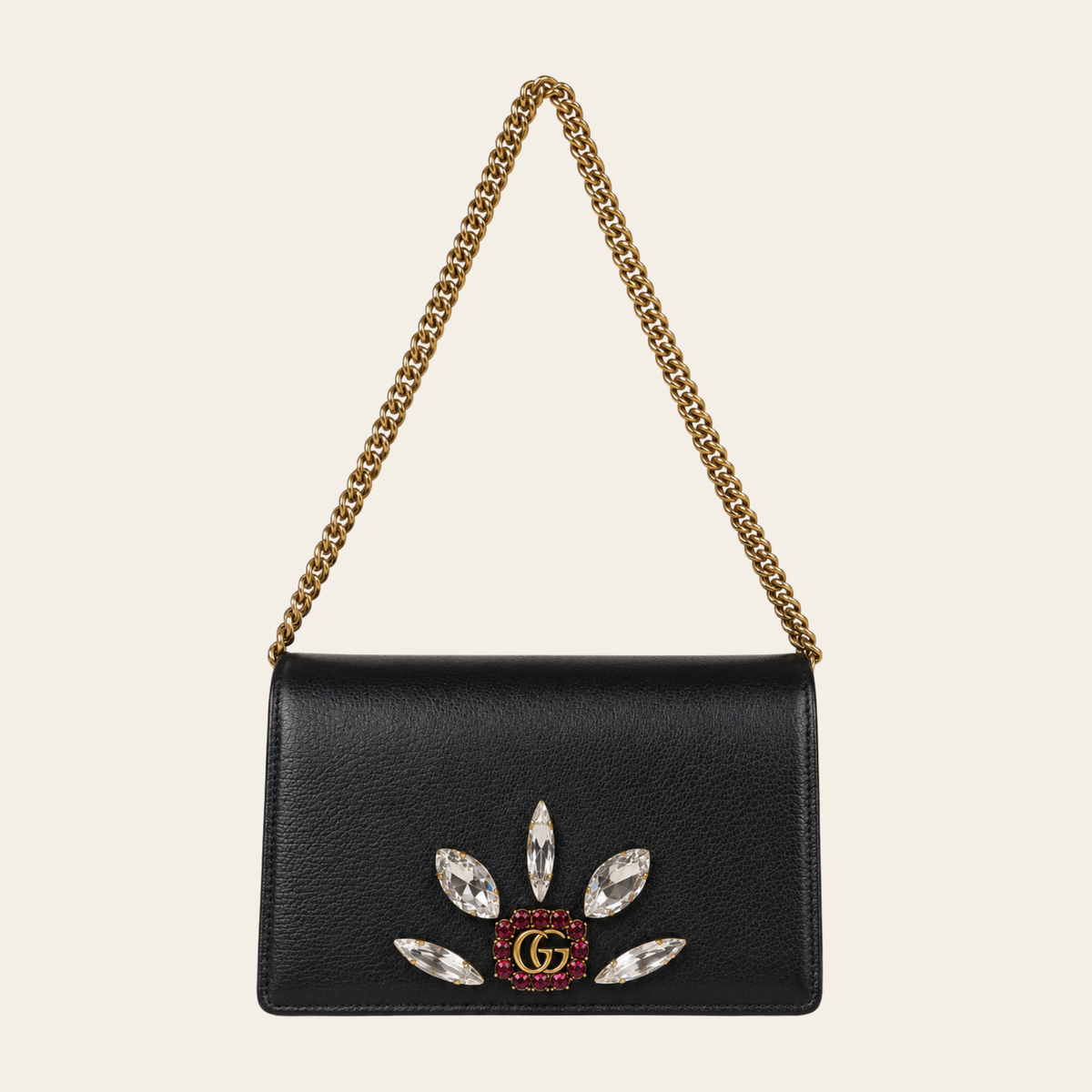 GUCCI — Broadway Crystal-Embellished Wallet on Chain en cuir noir