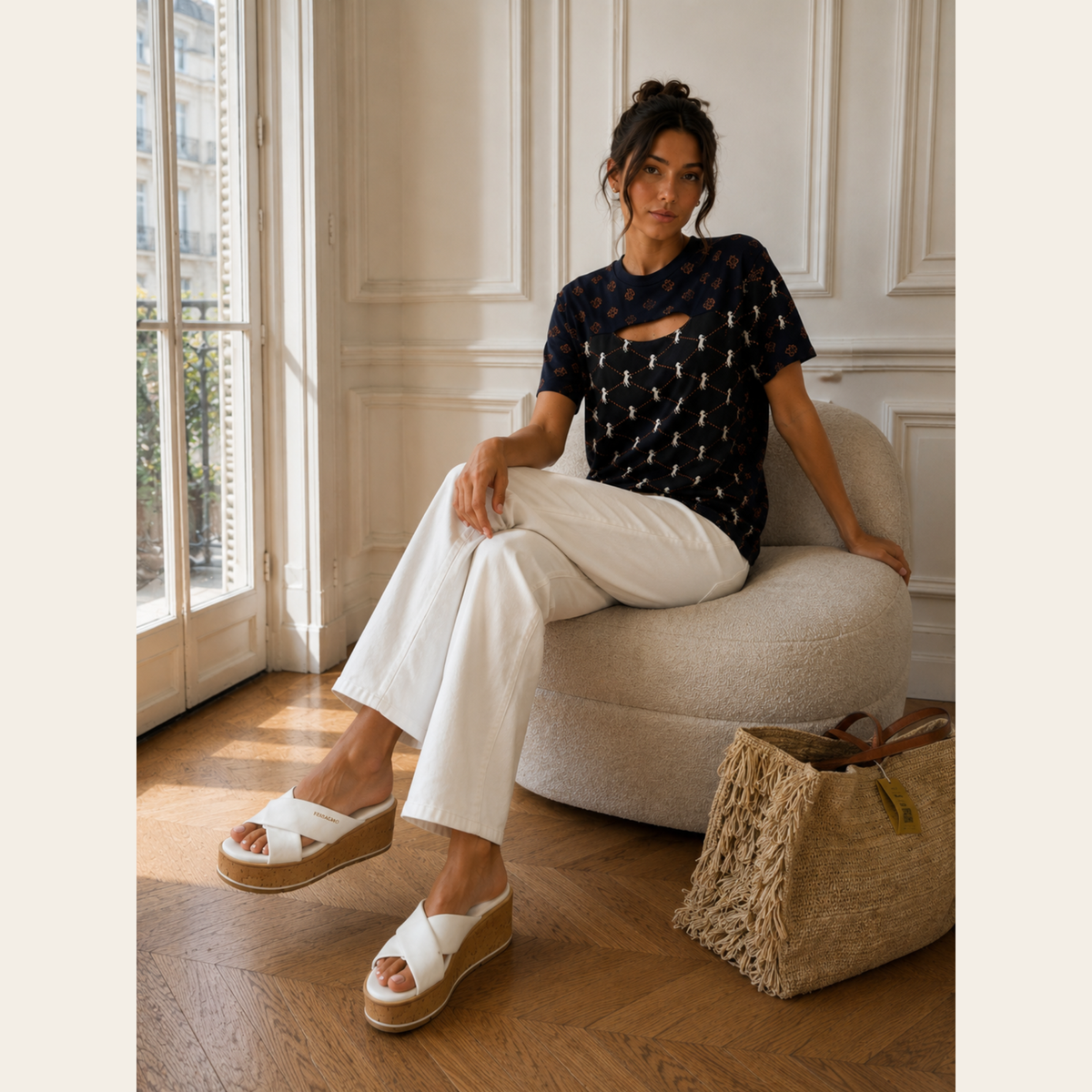 FERRAGAMO – High Sandals Compensées en Cuir Blanc et Liège, 39,5