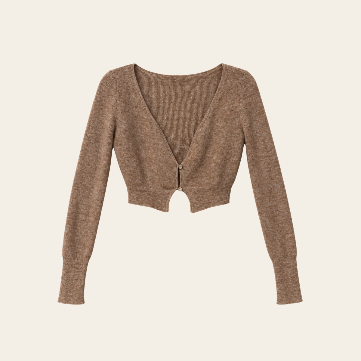 JACQUEMUS — Cardigan Alzou court en maille duveteuse brun clair, taille 40