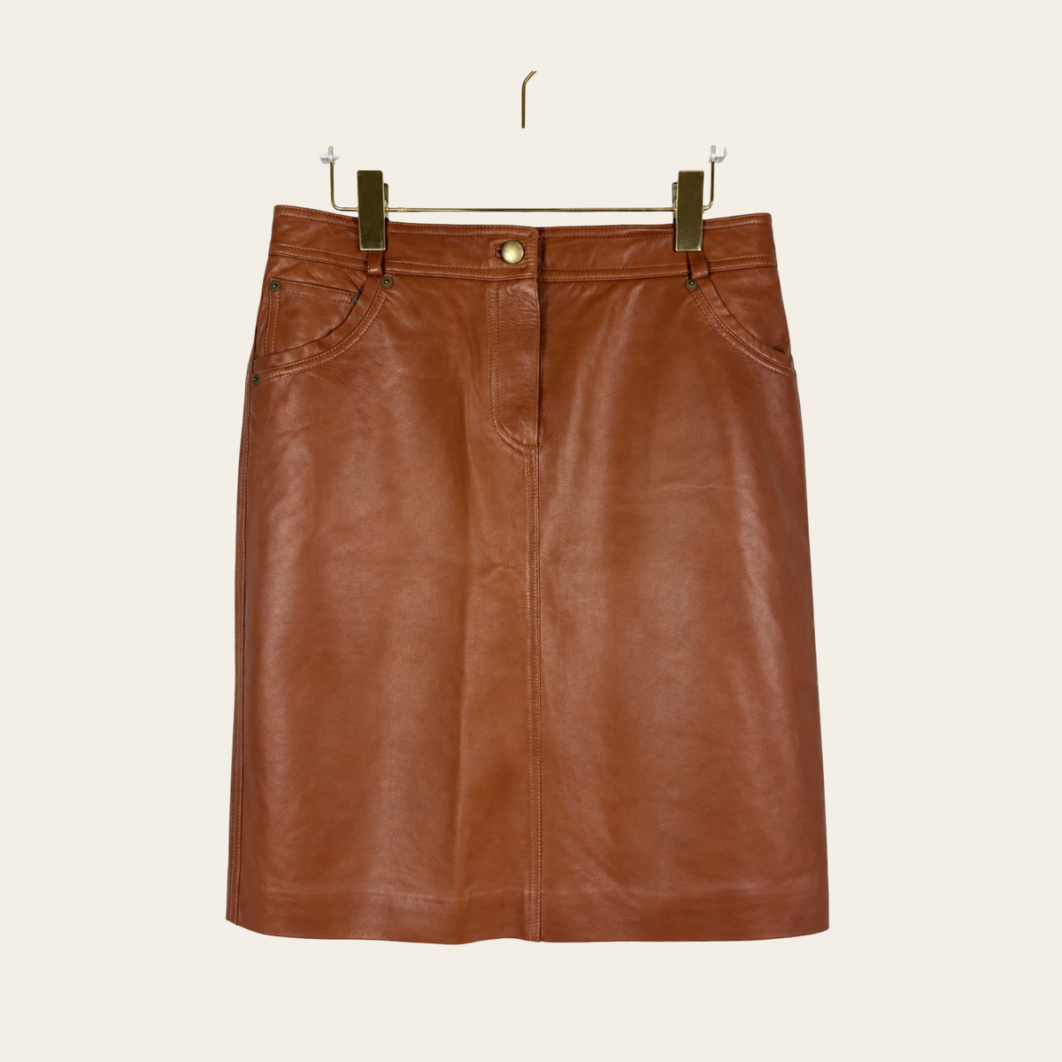 VALENTINO — Jupe vintage en cuir d’agneau cognac, taille M