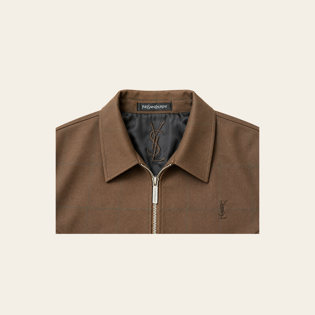 YVES SAINT LAURENT POUR HOMME – Blouson vintage zippé à carreaux avec monogramme YSL brodé – Marron – Taille 46
