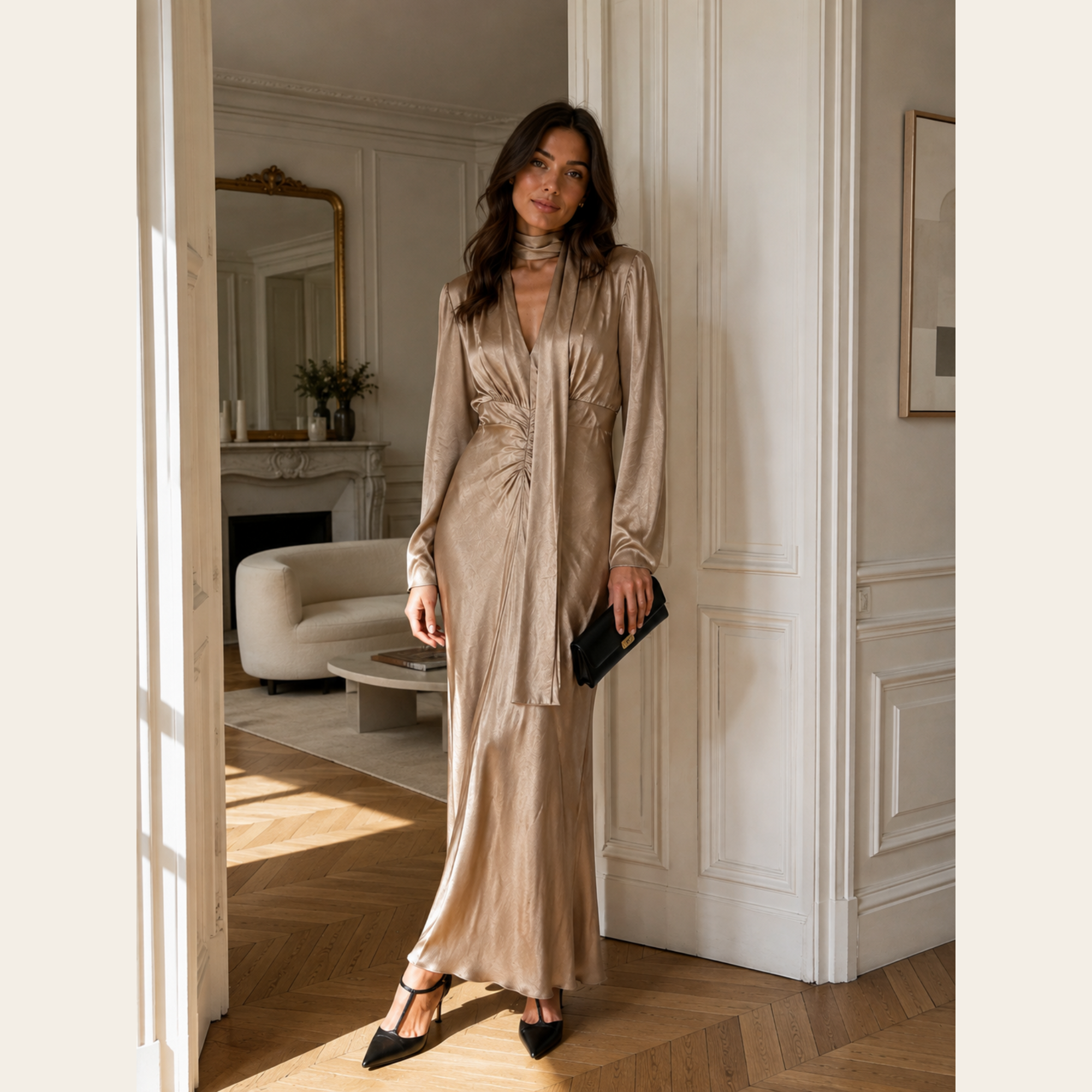 SHONA JOY – La Lune Tie Neck Long Sleeve Maxi Dress – Champagne, SShona Joy Robe