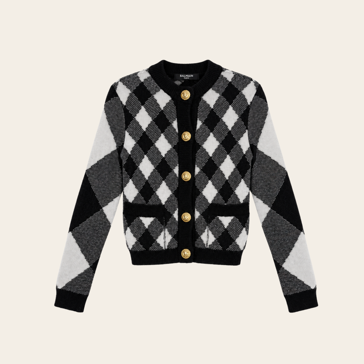 BALMAIN – Cardigan court en maille jacquard à losanges & boutons Lion – Noir & écru – Taille FR 36 (S)