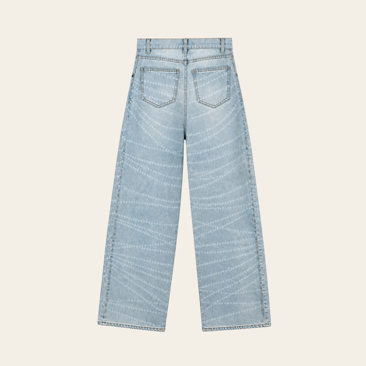 CHANEL 25P – Jean wide-leg en denim délavé imprimé CC façon perles – Bleu clair – Taille FR 36 (S)