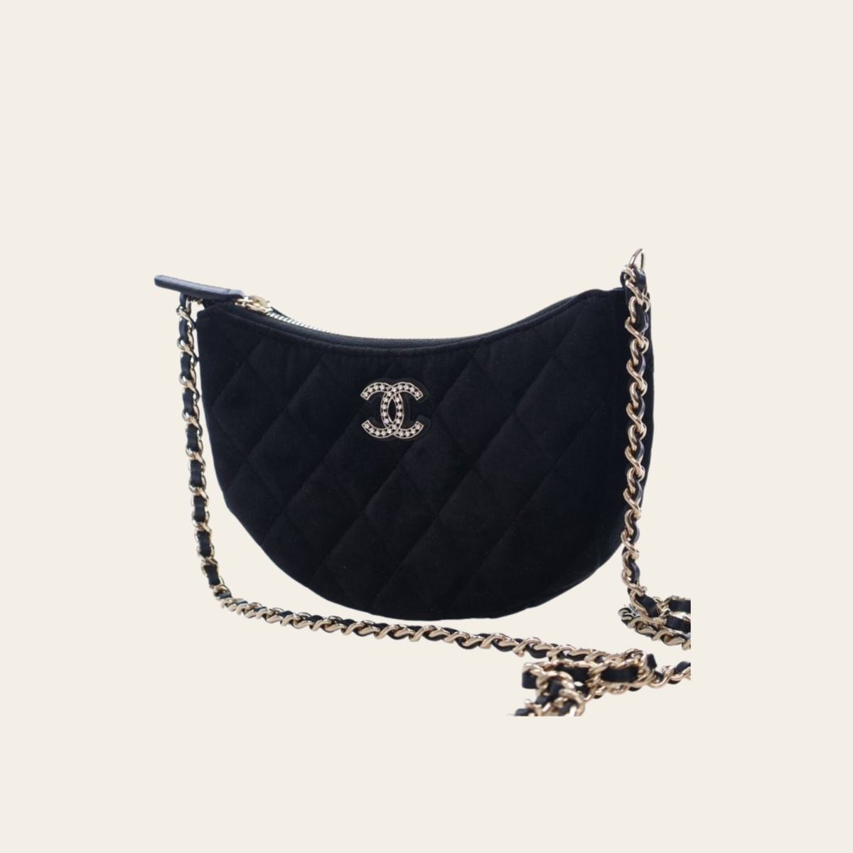 CHANEL – Mini Velvet Crystal CC Quilted Chain Hobo