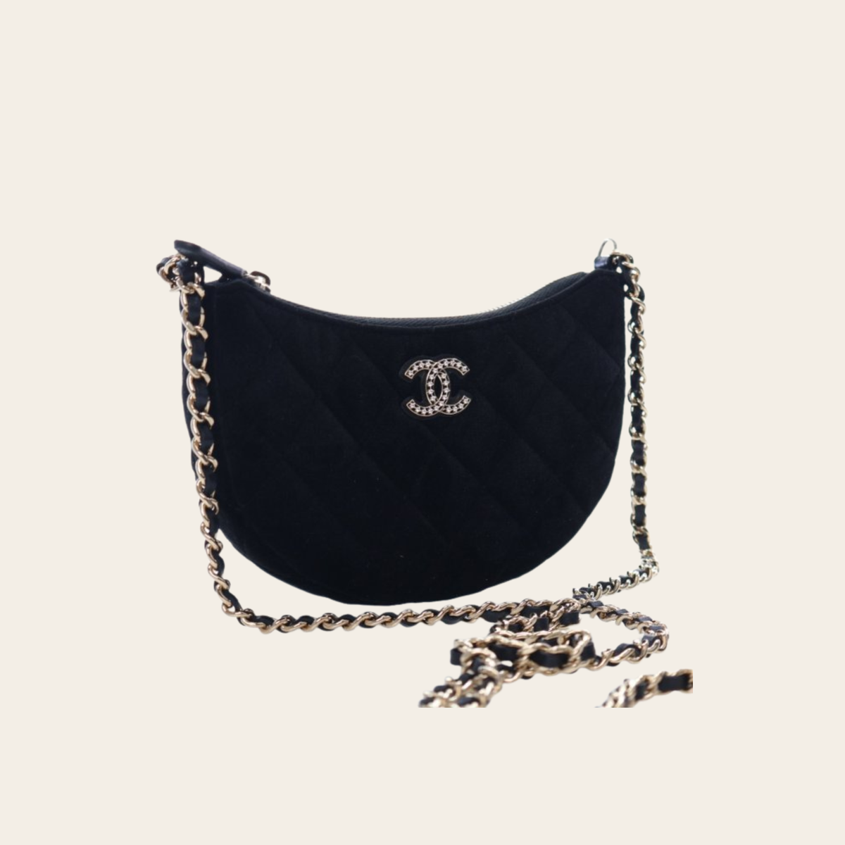 CHANEL – Mini Velvet Crystal CC Quilted Chain Hobo