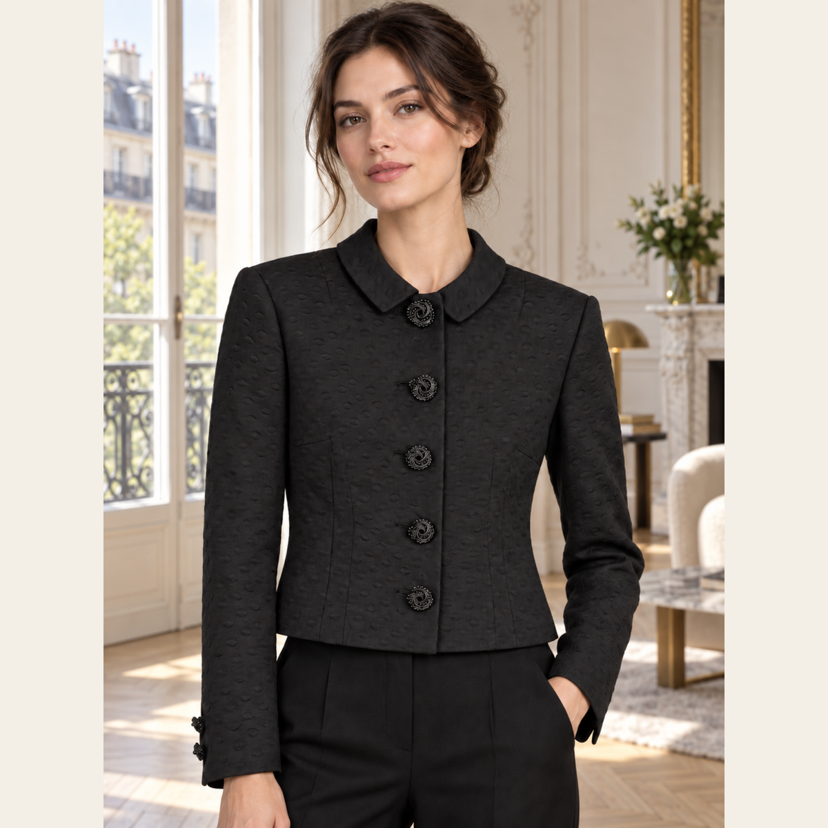VERSACE JEANS COUTURE - Veste courte structurée en jacquard noir, M
