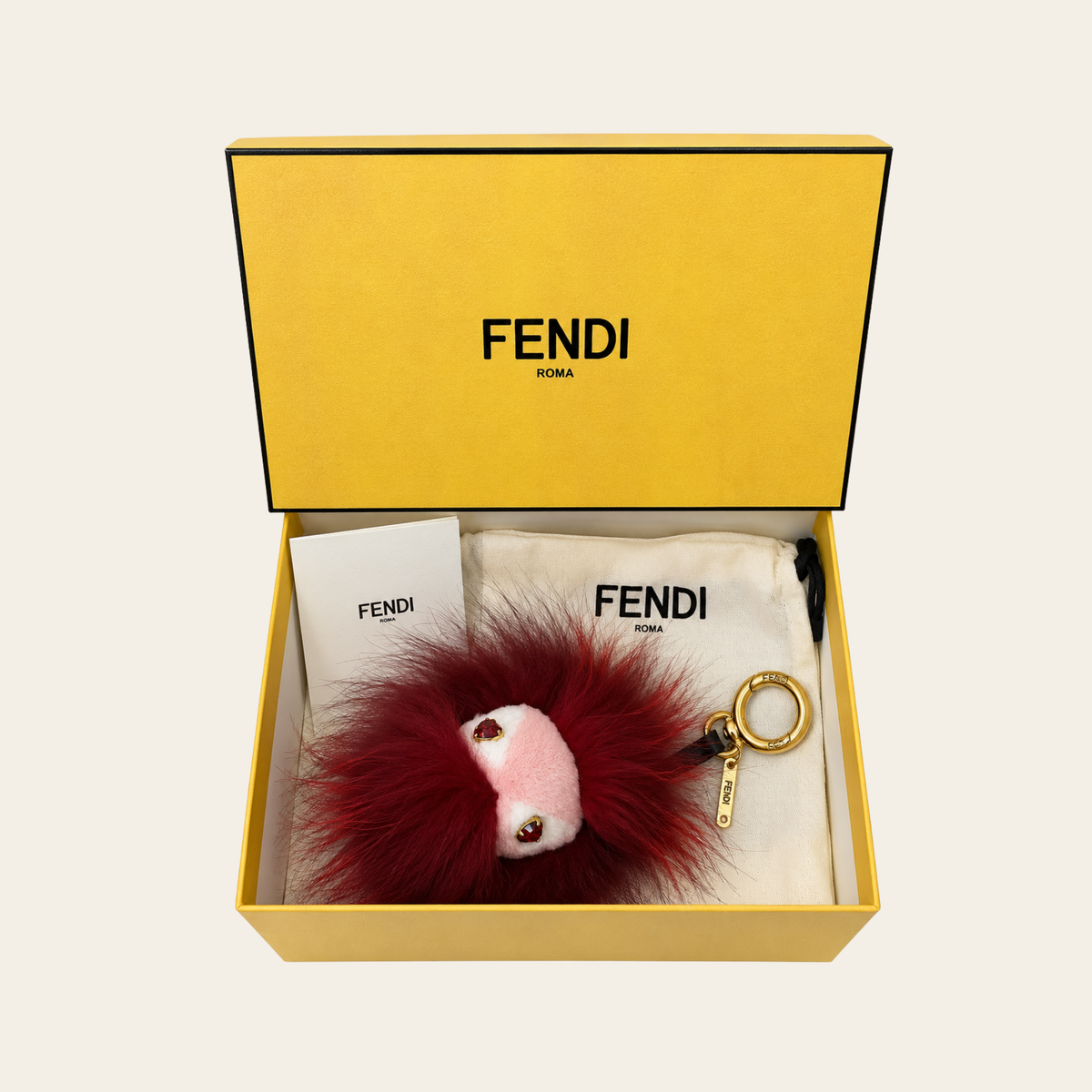 FENDI – Charm de sac Bag Bugs / Monster en fourrure de vison & chèvre à yeux cristaux – Bordeaux, rose & doré