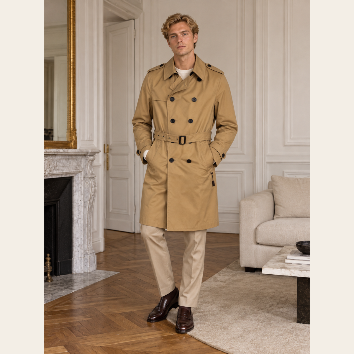 Coach – Trench-coat croisé en coton avec garnitures en cuir, taille M