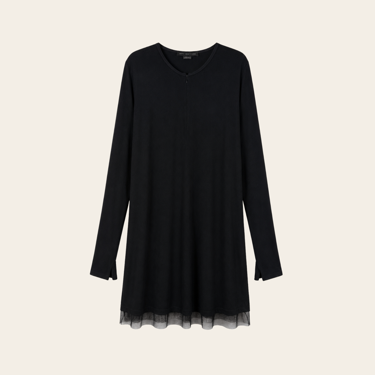 Marie Saint Pierre – Robe tunique noire à manches longues et finition en tulle – Taille 5 (L/XL)