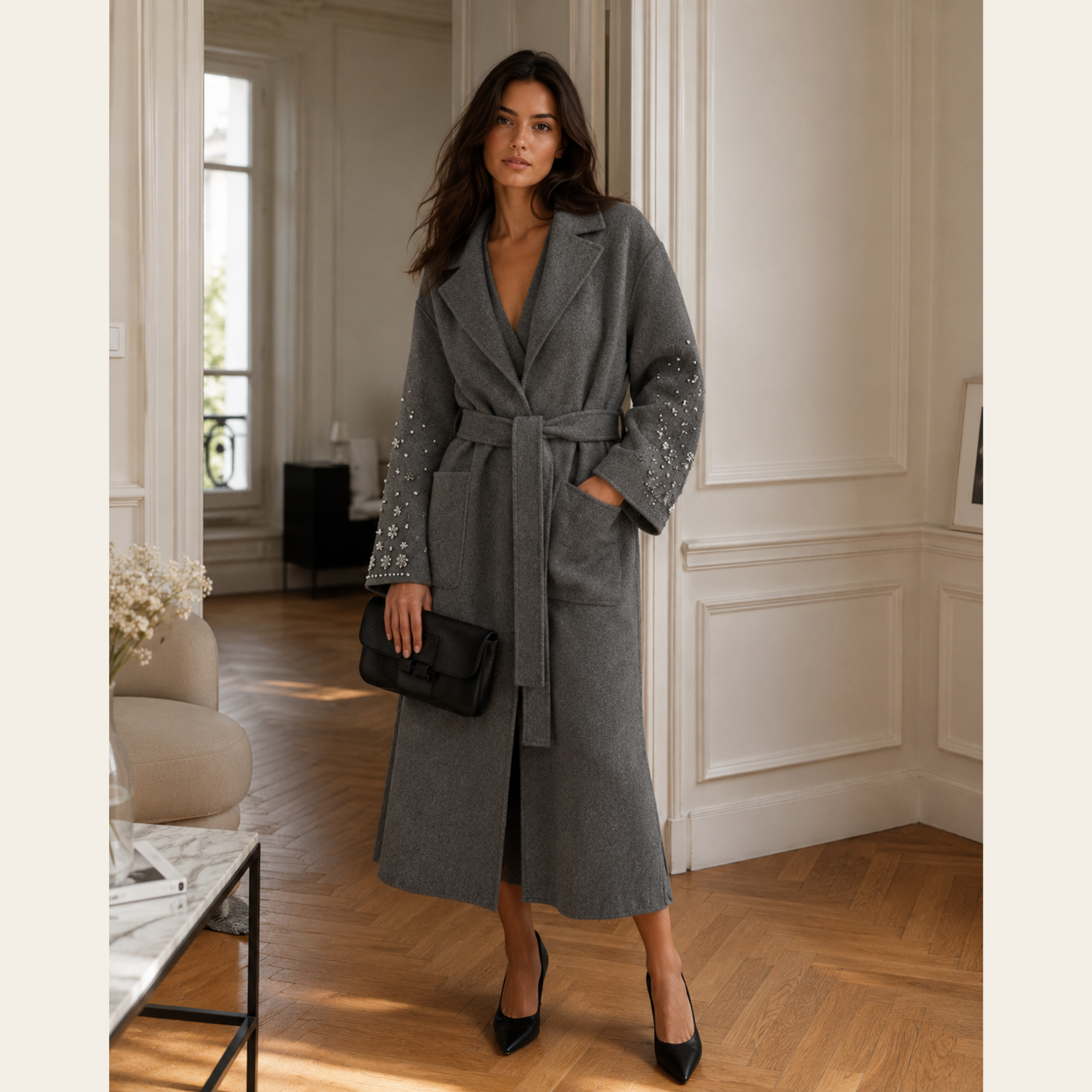 MAJE – Manteau Long Double Face à Strass, Taille 42