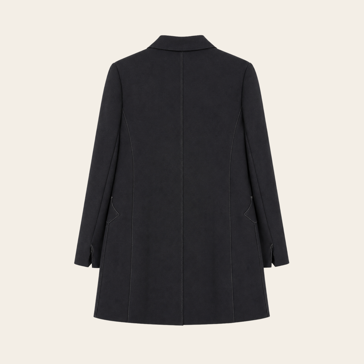 Marie Saint Pierre – Blazer long architectural en coton à surpiqûres contrastantes – Noir – Taille 5 (L/XL)
