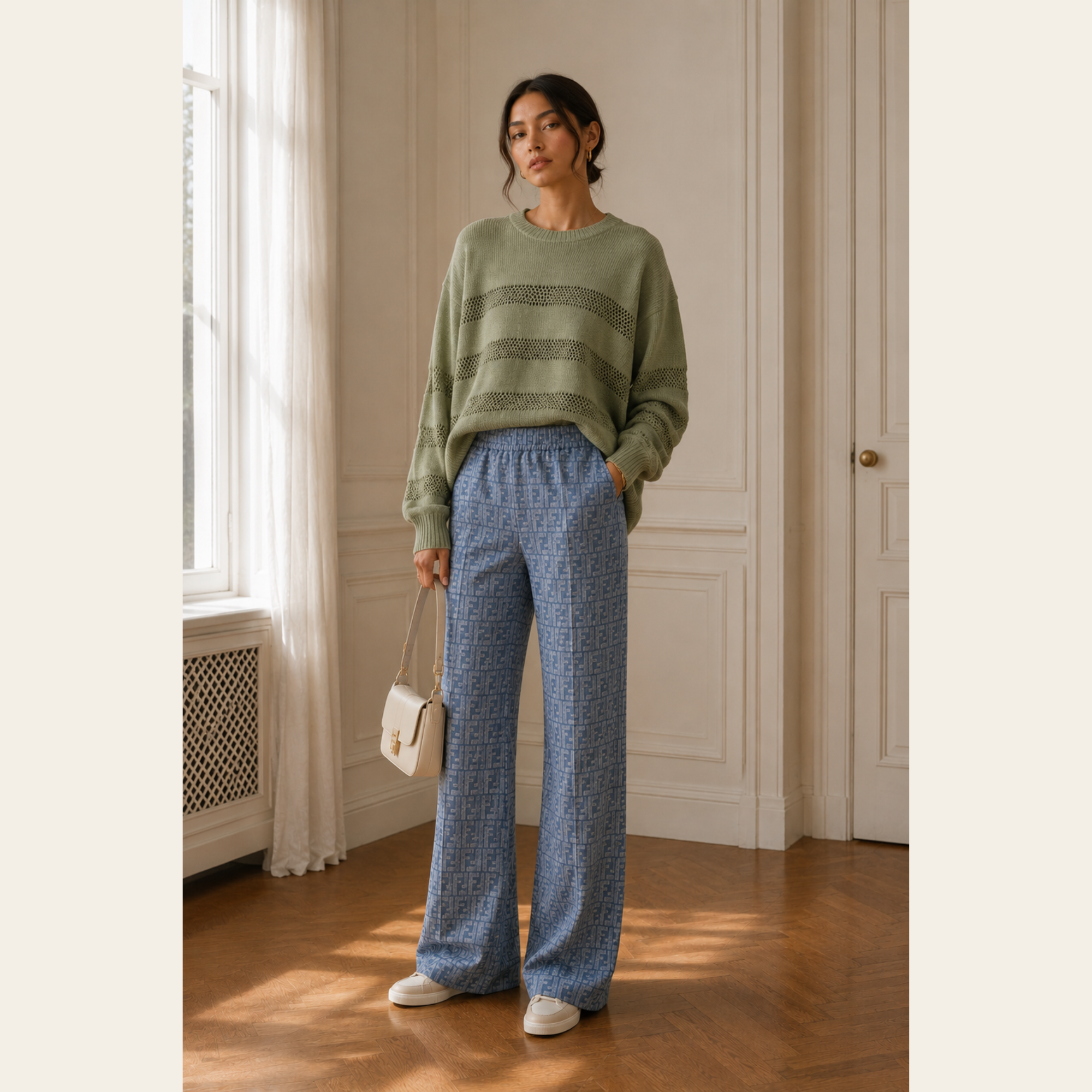 FENDI – Pantalon FF Chambray Monogram en Coton & Lin, Taille 40