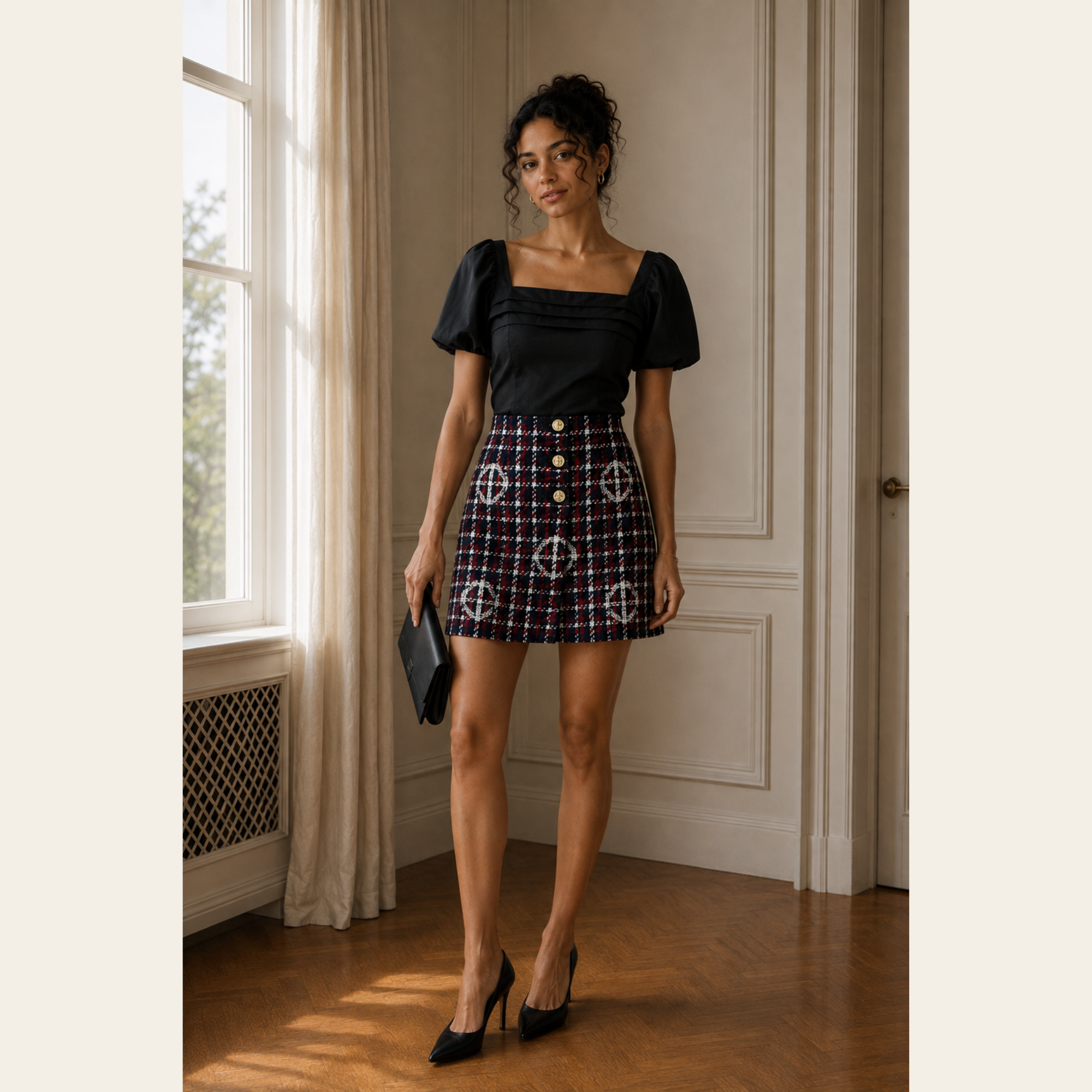 MAJE – Jupe JARGELO en Jacquard Clover à Carreaux Marine & Rouge, Taille 40